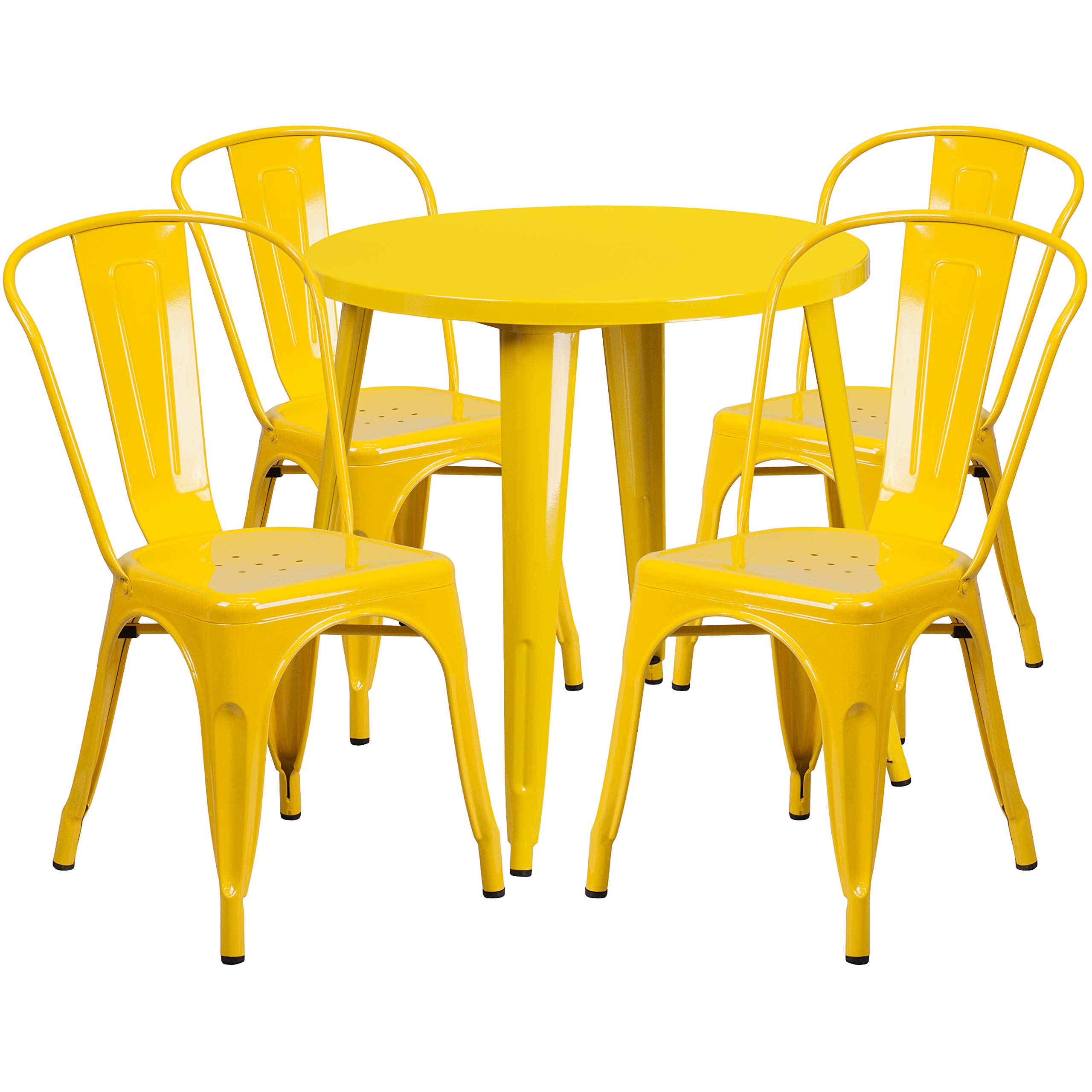 EMMA + OLIVER 30 Inch Round Commercial Grade Metal Bistro Table Set with 4 Yellow Cafe Chairs - Indoor Outdoor Patio Dining for Restaurant, Cafe, Garden & Backyard