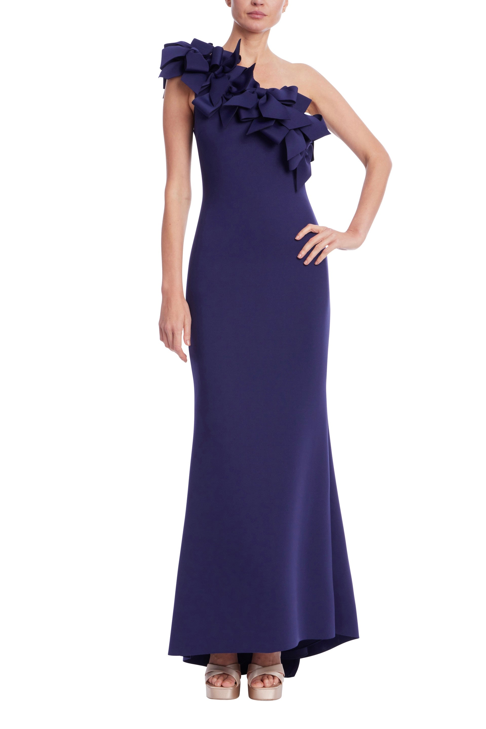 Badgley Mischka 3D Bow One Shoulder Formal Evening Gown - Elegant Prom, Wedding & Black Tie Event Dress
