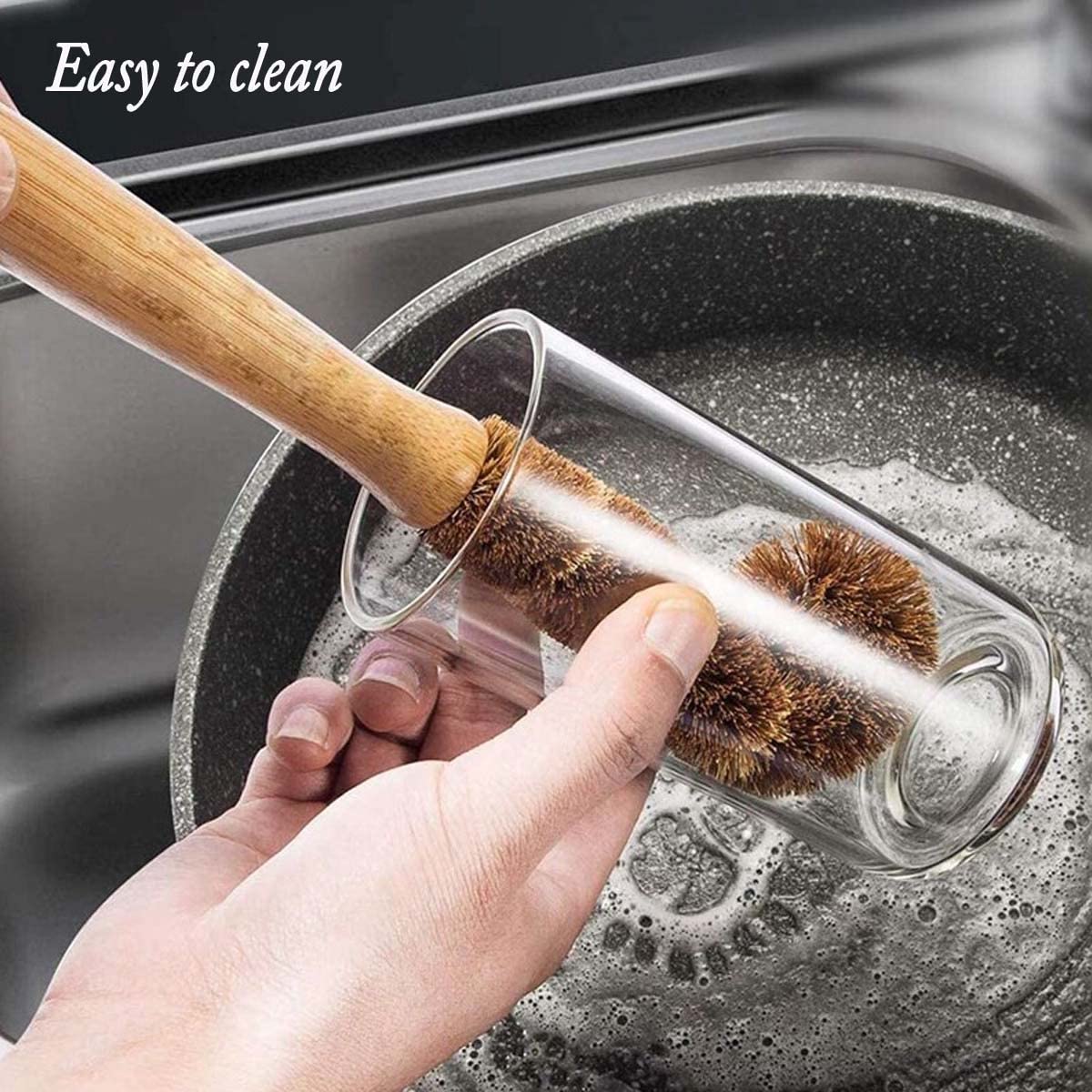 Natural Coconut Fiber Scrub Brush Set - Wooden Handle for Dish, Bottle & Veggie Cleaning - Pack of 2