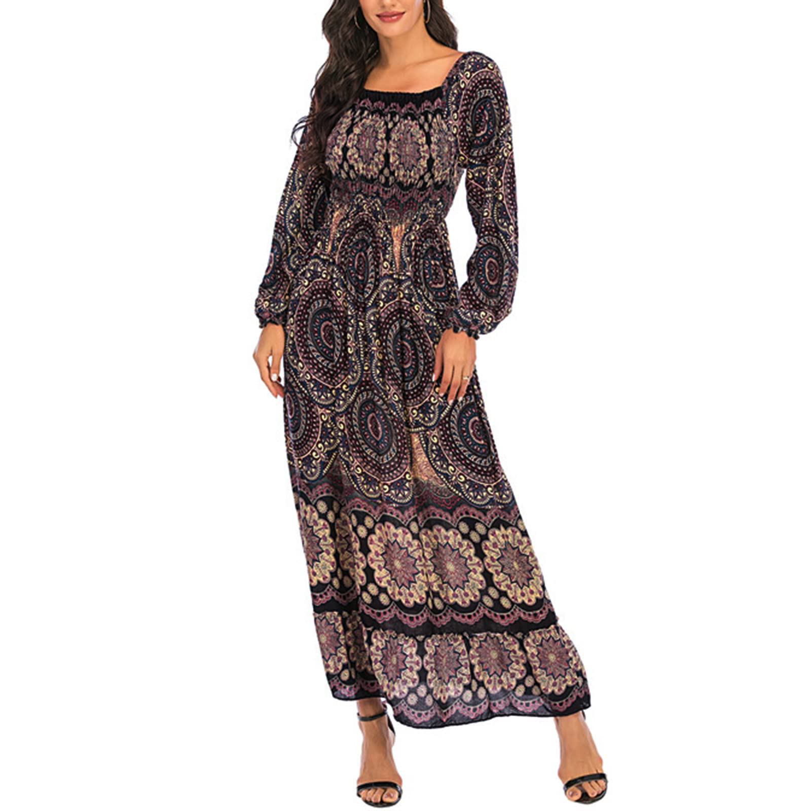 Bohemian Summer Beach Dress for Women - Long Sleeve Sun Protection Flowy Maxi Dress with Skirt | Perfect for Vacations, Music Festivals & Outdoor Weddings