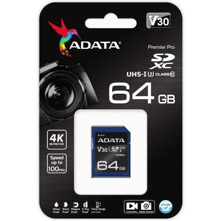 ADATA 64GB SDXC Memory Card - Class 10, UHS-I, V30, 100MB/s - High Speed for DSLR Cameras, 4K Video Recording & Action Cameras