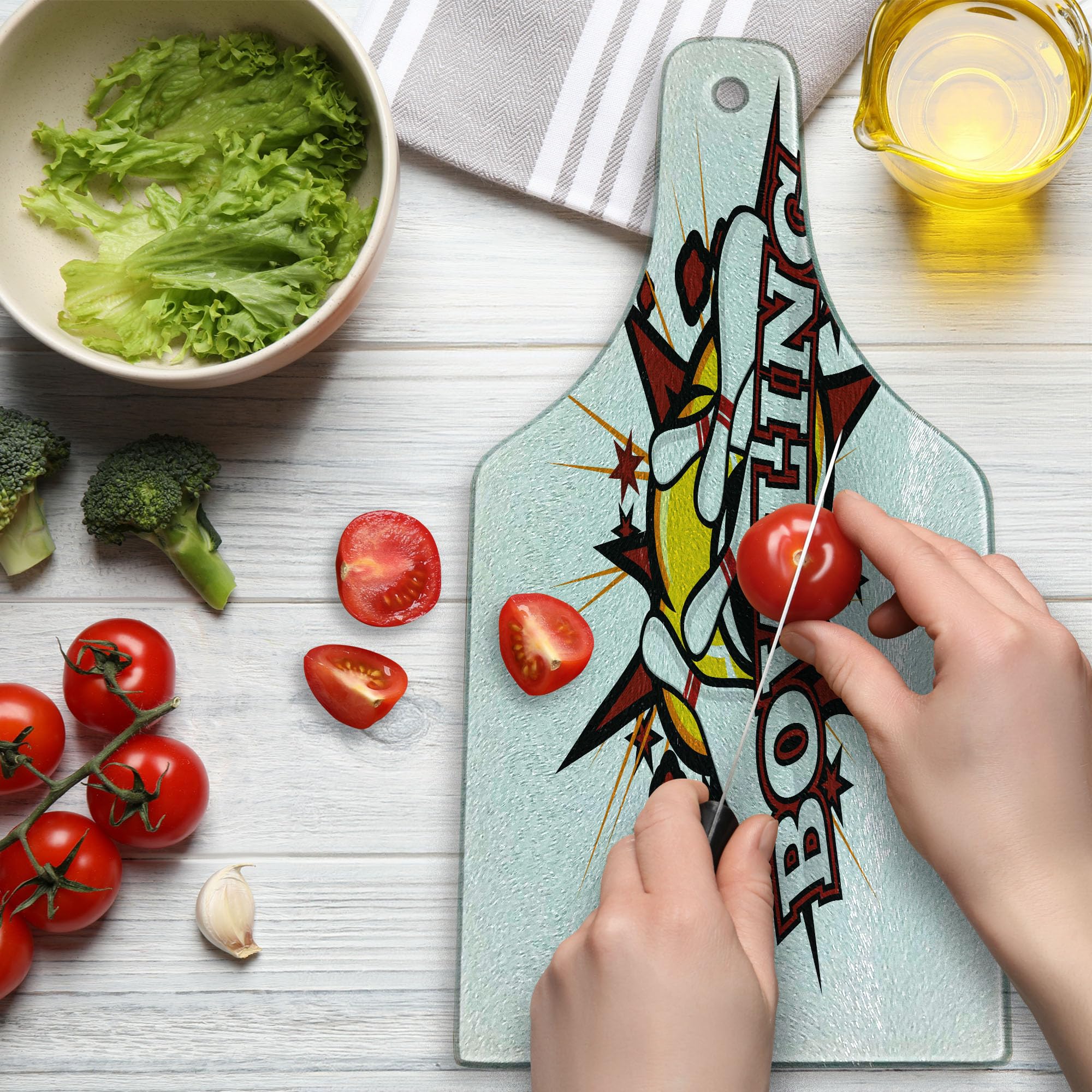 Ambesonne Bowling Party Themed Cartoon Comic Book Style Cutting Board - Retro Stars & Crash Effects Design - Tempered Glass Serving Board for Cheese, Charcuterie & Wine - Wine Bottle Shape in Ruby, White & Yellow - Perfect for Bowling Parties, Game Nights & Entertaining Guests
