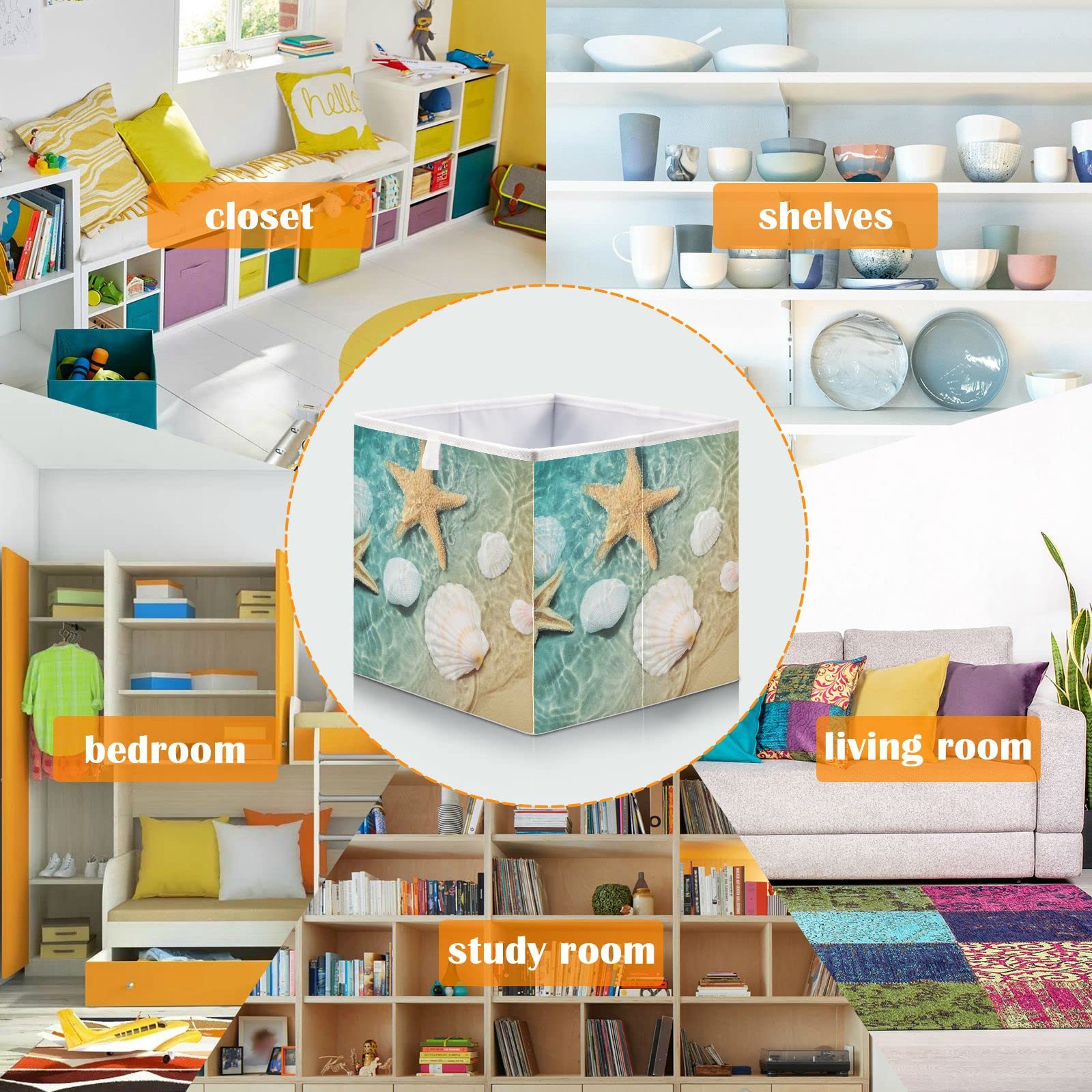 Foldable Storage Basket - 11x11x11 Inch Cube Bin for Shelves, Closet & Laundry | Summer Beach Decor with Seashell & Starfish Design | Perfect for Nursery, Bedroom & Home Organization