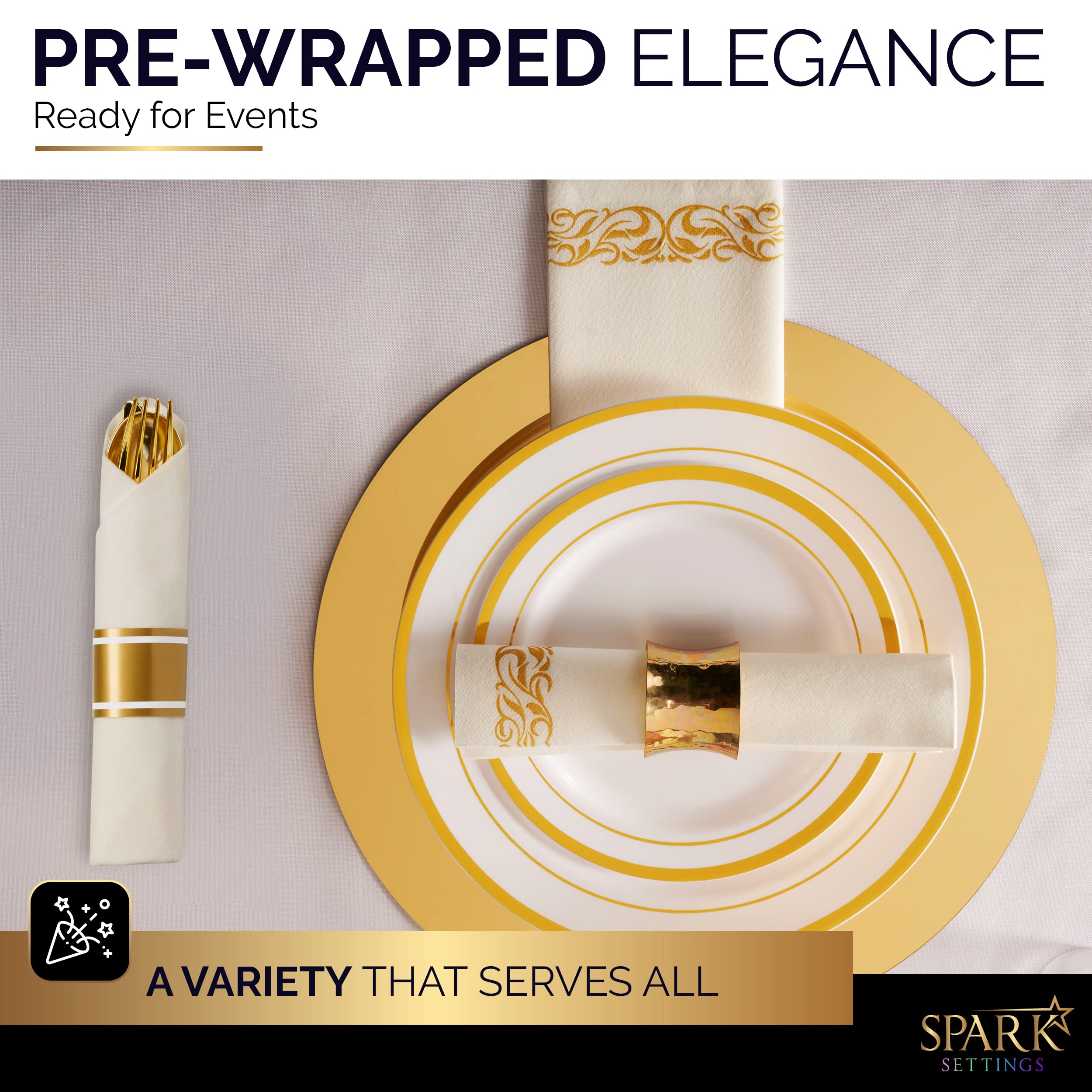 Elegant Gold Plastic Cutlery Set - 50 Piece Disposable Silverware with Napkins, Forks, Knives & Spoons for Wedding, Party & Catering Events - Premium Wrapped Plastic Silverware by SparkSettings