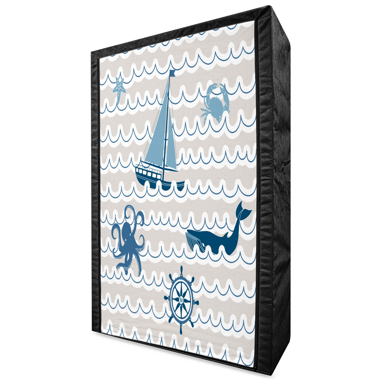 Ambesonne Nautical Fabric Wardrobe - Portable Closet Organizer with Shelves, Wave Pattern Marine Design Featuring Octopus Crab Starfish Whale Art, 42.5 Inch Beige Blue White - Perfect for Bedroom, Dorm, RV & Small Space Storage Solutions