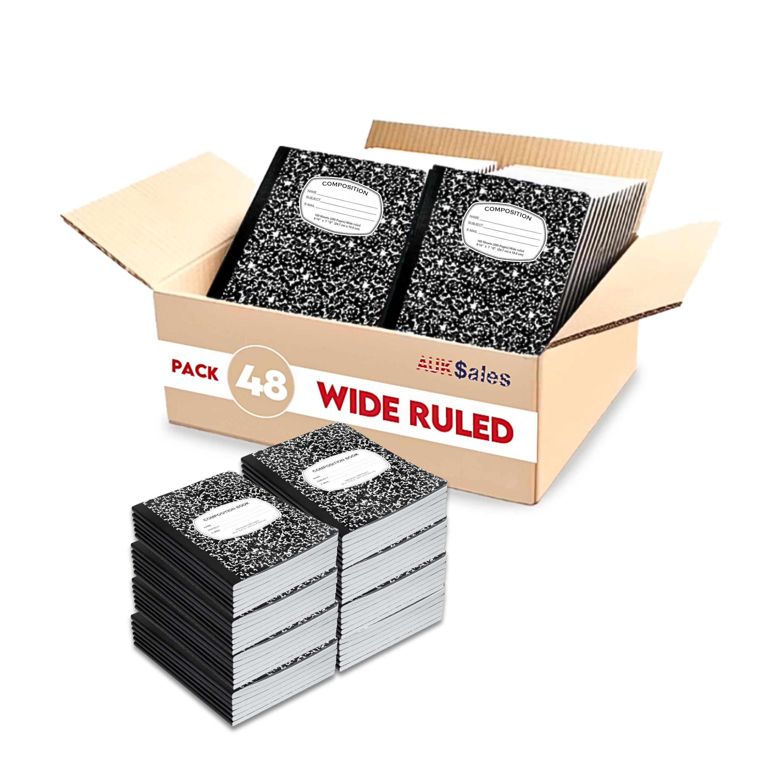 AUKSales 48 Pack Wide Ruled Composition Notebooks - 100 Sheets, 9.75