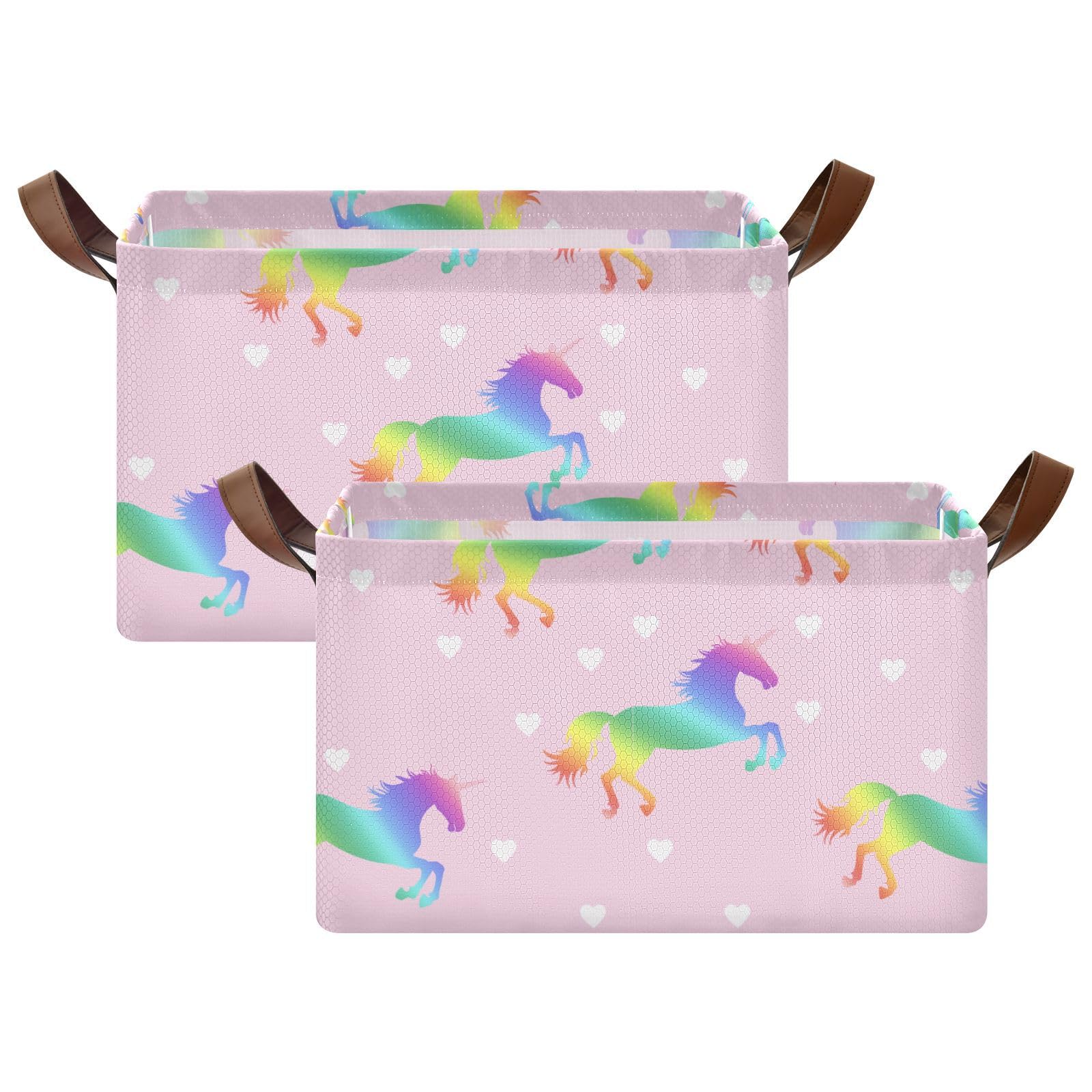 Emelivor Hearts Rainbow Unicorns Storage Bins - Foldable Organizer Baskets with Handles for Shelves, Dorm, Office, Nursery & Closet - Perfect for Books, Toys & Home Organization