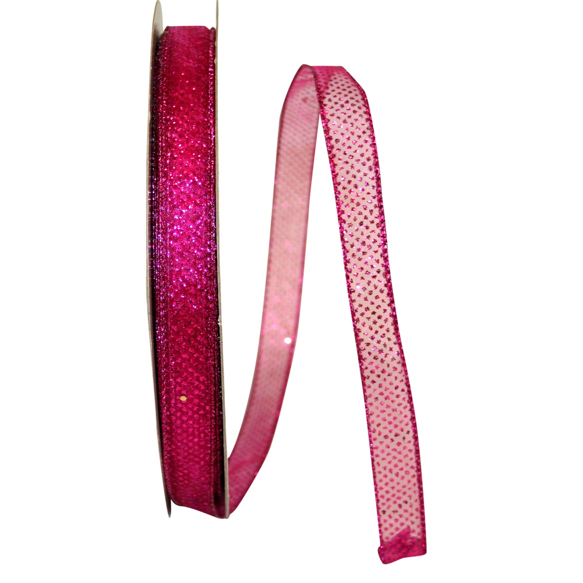 Reliant Ribbon Sheer Glitter Dot Wired Edge Ribbon - 5/8 Inch x 50 Yards Fuchsia - Perfect for Gift Wrapping, DIY Crafts, Wedding Decorations & Party Favors