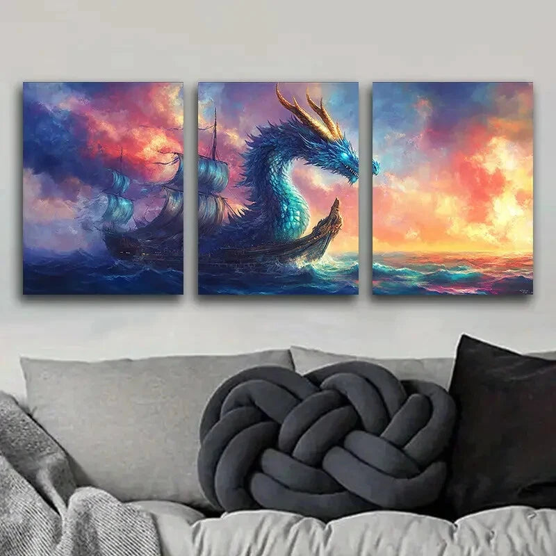 3-Piece Blue Dragon on Boat Art Deco Metal Wall Art - Ready to Hang Home Decor for Living Room, Bedroom, Office (16x24 Inches)