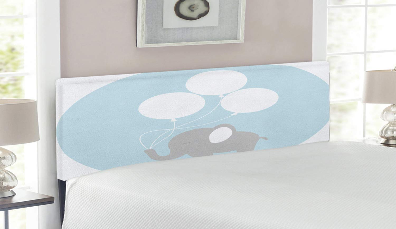 Ambesonne Animal Cartoon Upholstered Headboard - Queen Size Memory Foam Bed Headboard with Funny Little & Big Balloons Design in Pale Blue, White & Mauve | Perfect for Kids' Bedrooms, Nursery Decor & Whimsical Home Interiors