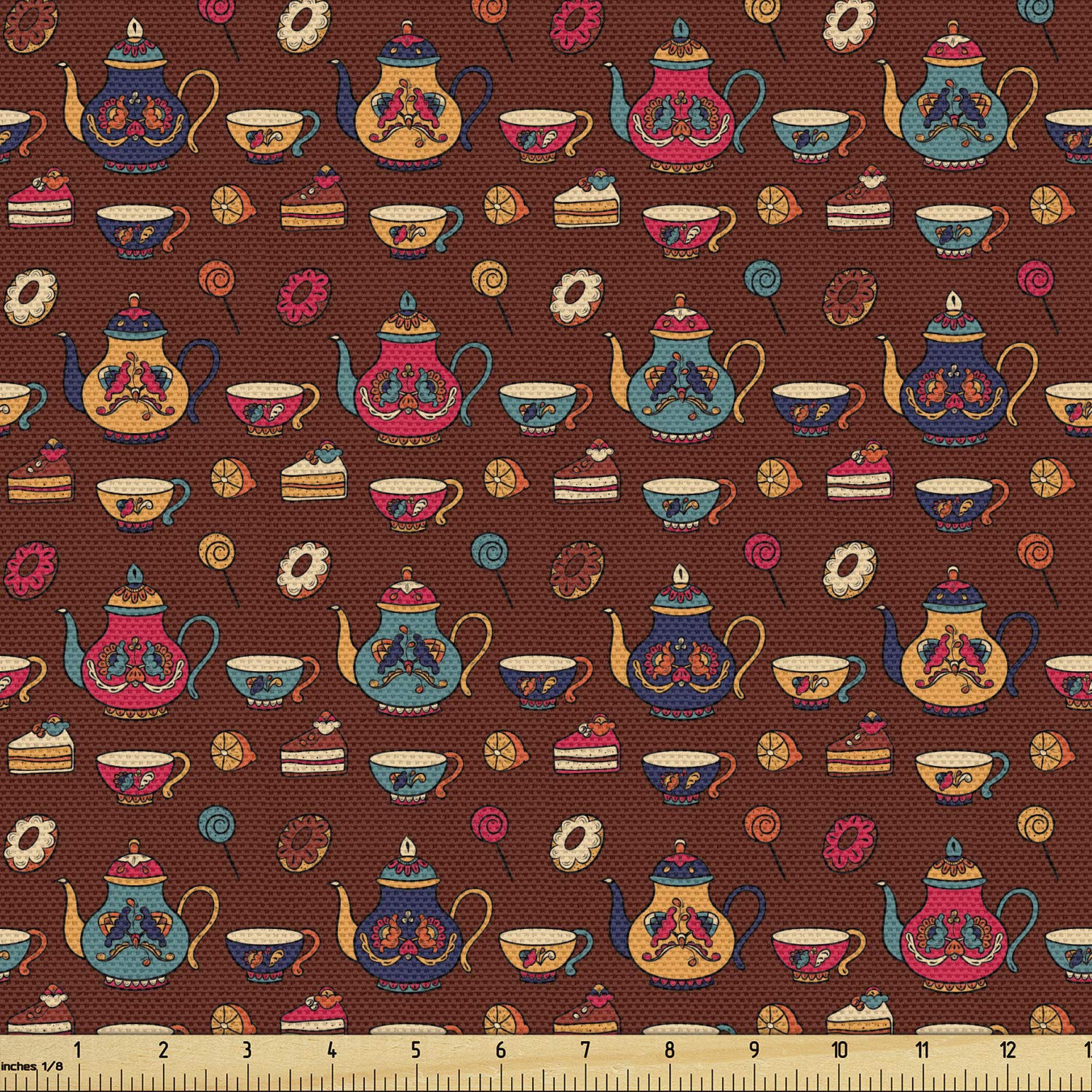 Ambesonne Tea Party Fabric by The Yard - Vintage British Tea Ceremony Porcelain Print, Decorative Upholstery Fabric for Sofa, Curtains & Home Decor, 10 Yards, Red Brown & Multicolor - Perfect for Tea-Themed Parties, Vintage Home Decor & DIY Craft Projects