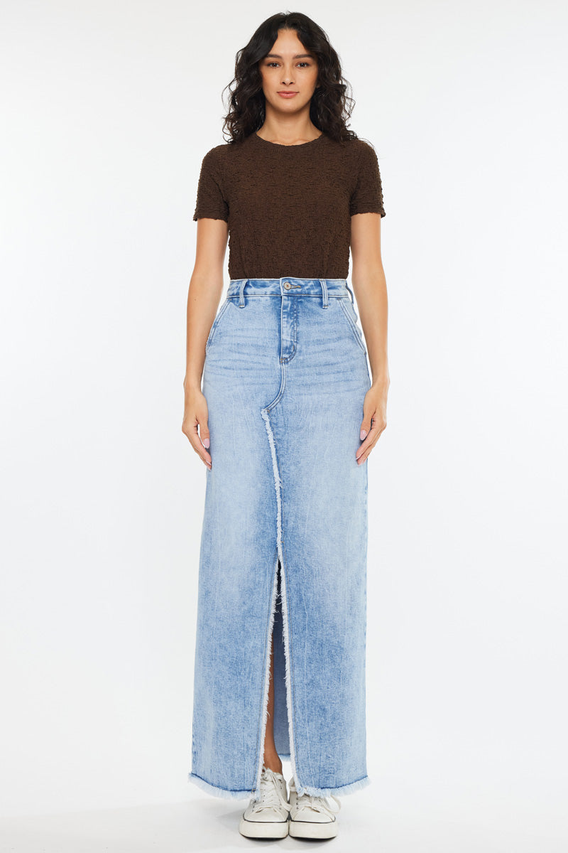Anette High Rise Maxi Denim Skirt for Women - Vintage Blue Stretch Denim Long Skirt with Side Slits | Perfect for Casual Outfits, Date Nights & Boho Style