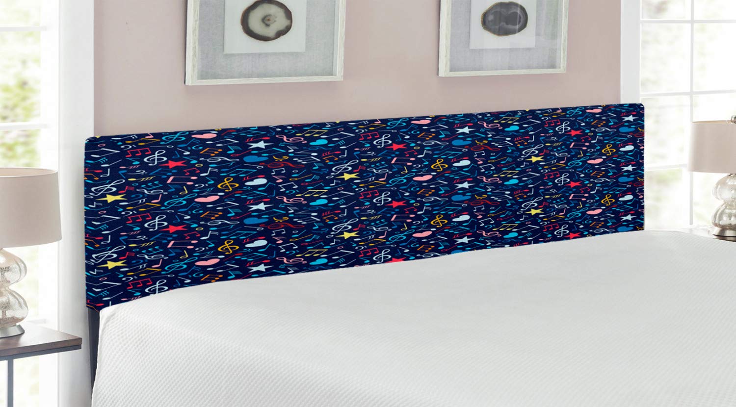 Ambesonne Musical Headboard for King Size Bed - Upholstered Metal Bed Frame with Memory Foam, Hearts & Stars Design - Perfect for Music Lovers' Bedroom Decor | Home Theater Setup, Recording Studio Aesthetic, Teen Room Upgrade