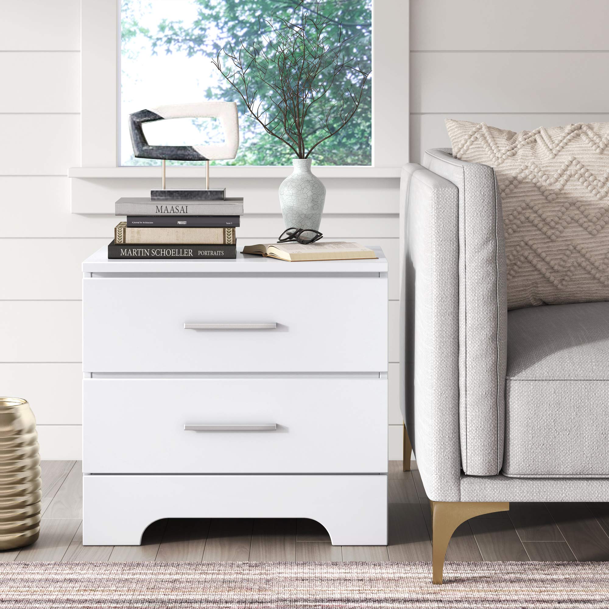 ClickDecor Hudson End Side Nightstand with 2 Drawers - White Wooden Bedroom Nightstand with Matte Chrome Handles | Perfect for Bedrooms, Guest Rooms & Small Spaces