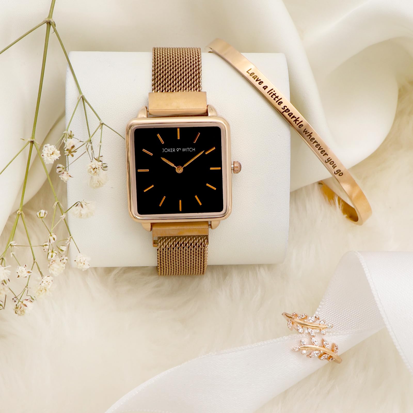 Joker & Witch Stainless Steel Women's Rose Gold Love Triangle Analog Watch - Black Dial with Rose Gold Band - Perfect for Date Nights & Special Occasions