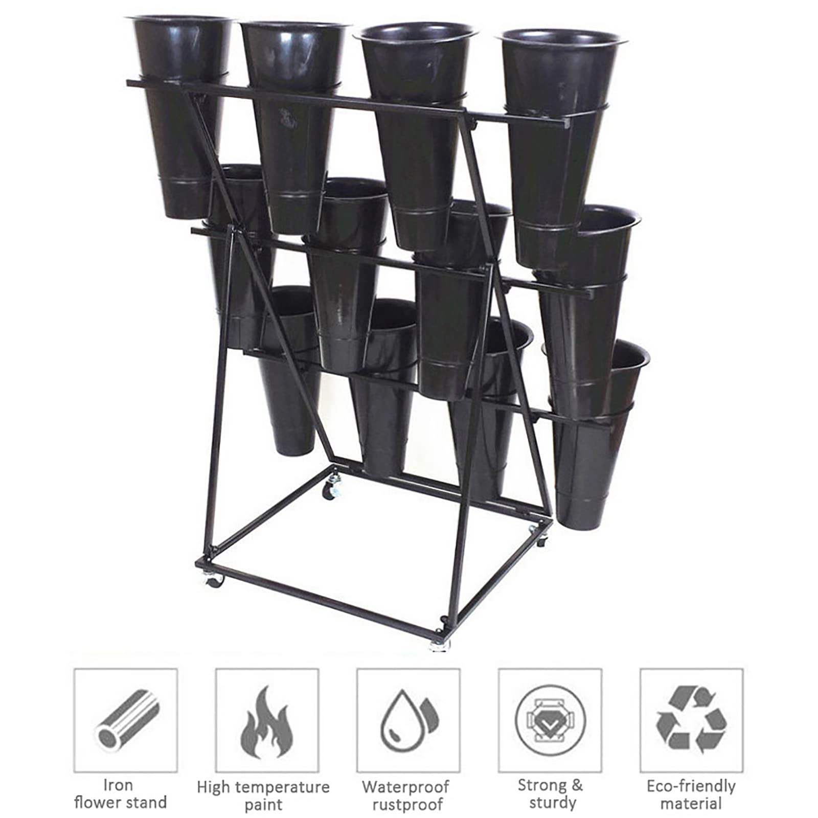U&Q 3-Tier Metal Plant Stand with Wheels - Modern Indoor Outdoor Flower Display Shelf with Buckets for Home, Patio, Balcony - Black 100x50x110cm (39x20x43in) - Perfect for Decorating Living Rooms, Gardens & Office Spaces