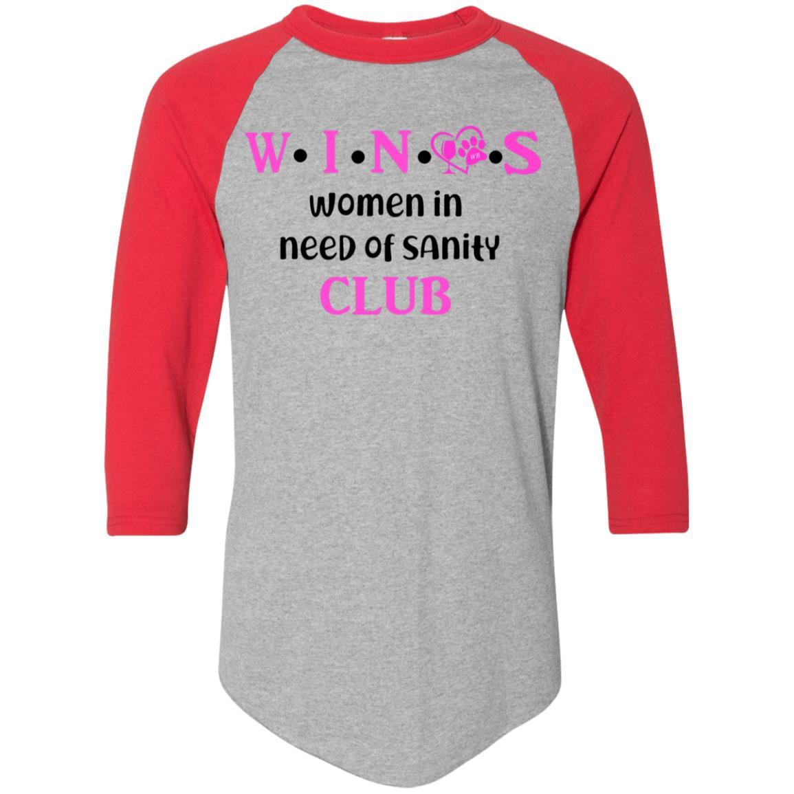 WineyBitches.Co WINOS Club Colorblock Raglan Jersey - Pink Lettering Women's Baseball Tee | Soft Cotton Blend Long Sleeve Shirt for Wine Lovers | Perfect for Wine Tasting Parties & Girls Night Out