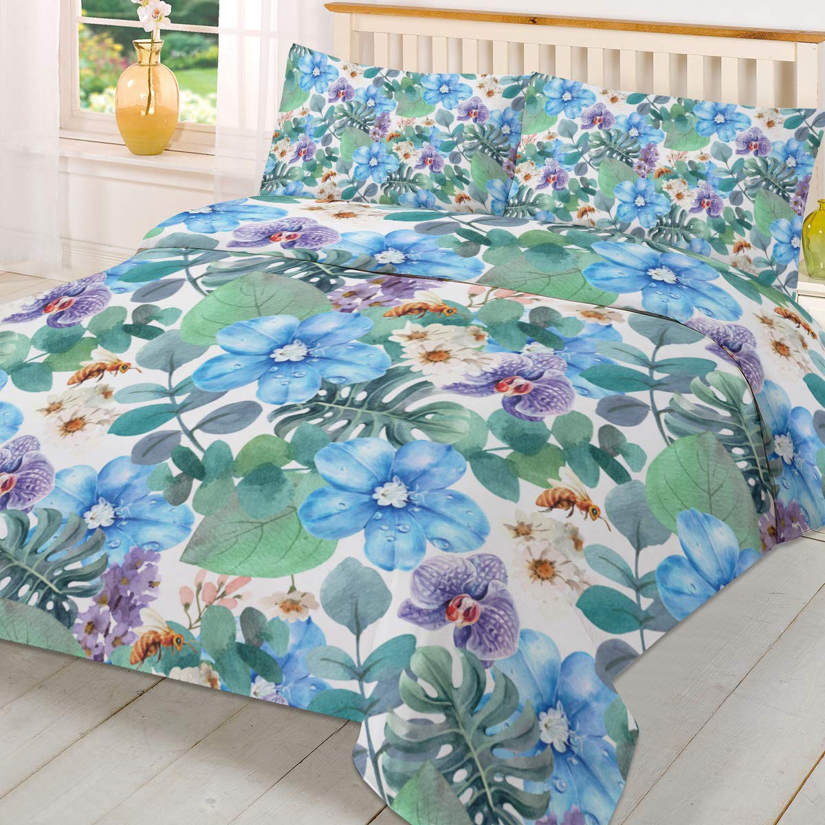 Premium 3-Piece Watercolor Blue Floral Duvet Cover Set with Leaves & Bees - Twin Size Soft Comforter Cover with Zipper Closure & 2 Pillow Shams | Elegant Bedroom Decor for Teens, Guest Rooms & Cozy Home Styling