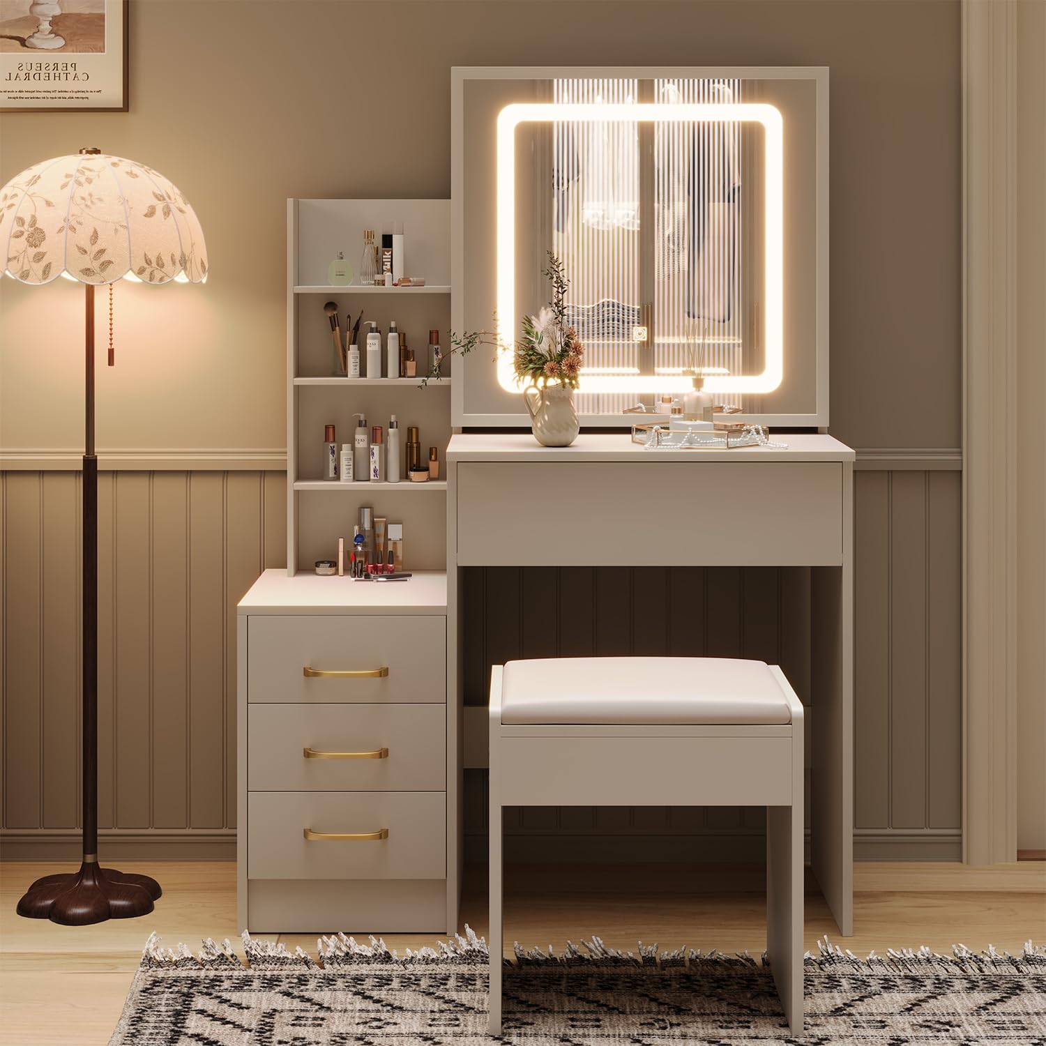 White Vanity Desk with Mirror and Lights - Makeup Dressing Table Set with 4 Large Drawers, Adjustable 3-Color LED Lighting, Bedroom Vanity Set for Women - Perfect for Makeup, Skincare & Dressing Room Organization