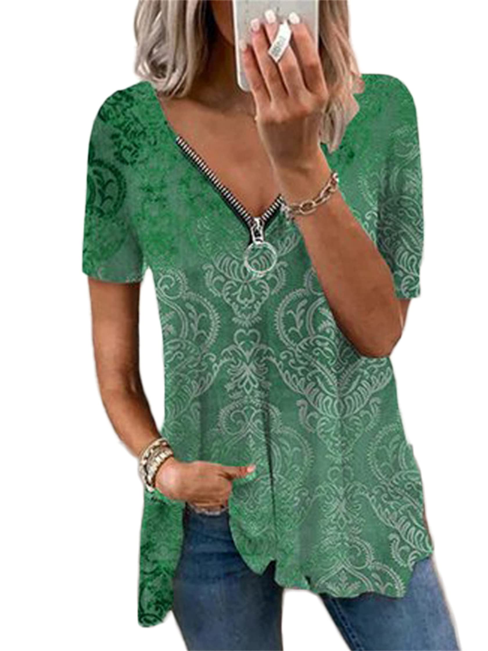 Andongnywell Women's Summer Short Sleeve V-Neck Printed Blouse - Casual Flowy Tunic Top with Zipper for Beach, Office & Everyday Wear