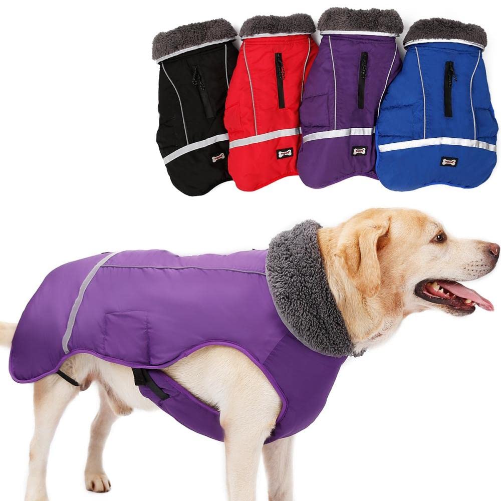 Waterproof & Windproof Reversible Dog Winter Coat - Warm & Cozy Cold Weather Vest for Small, Medium, Large Dogs with Furry Collar (Purple, XL) - Perfect for Outdoor Walks, Snow Play & Winter Adventures