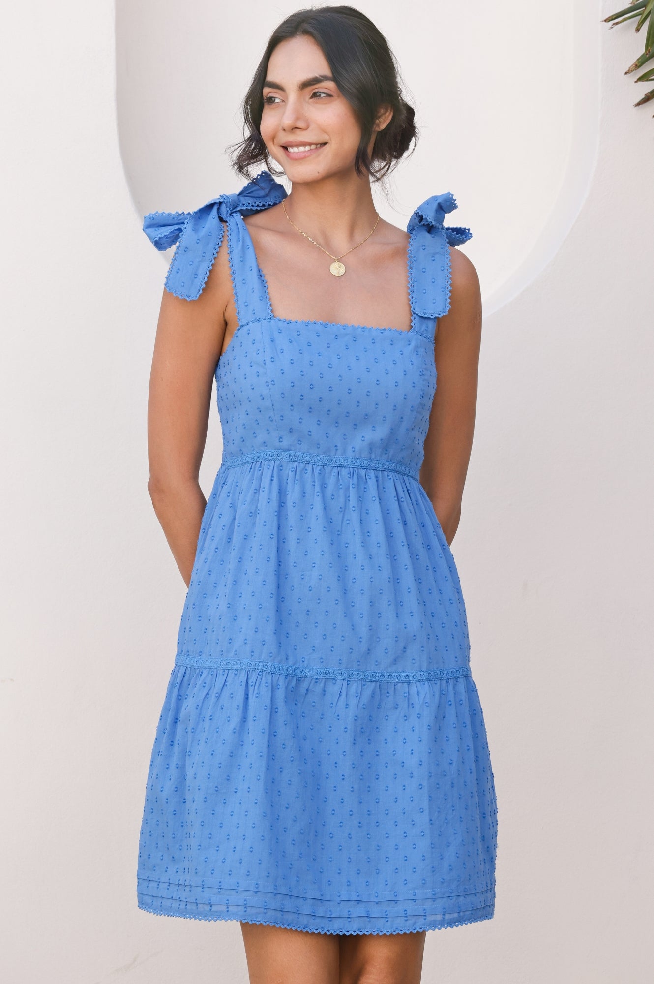 Tabitha Organic Cotton Dobby Short Sleeve Dress for Women - Breathable Summer Blue Dress | Perfect for Beach Vacation, Casual Outings & Boho Style