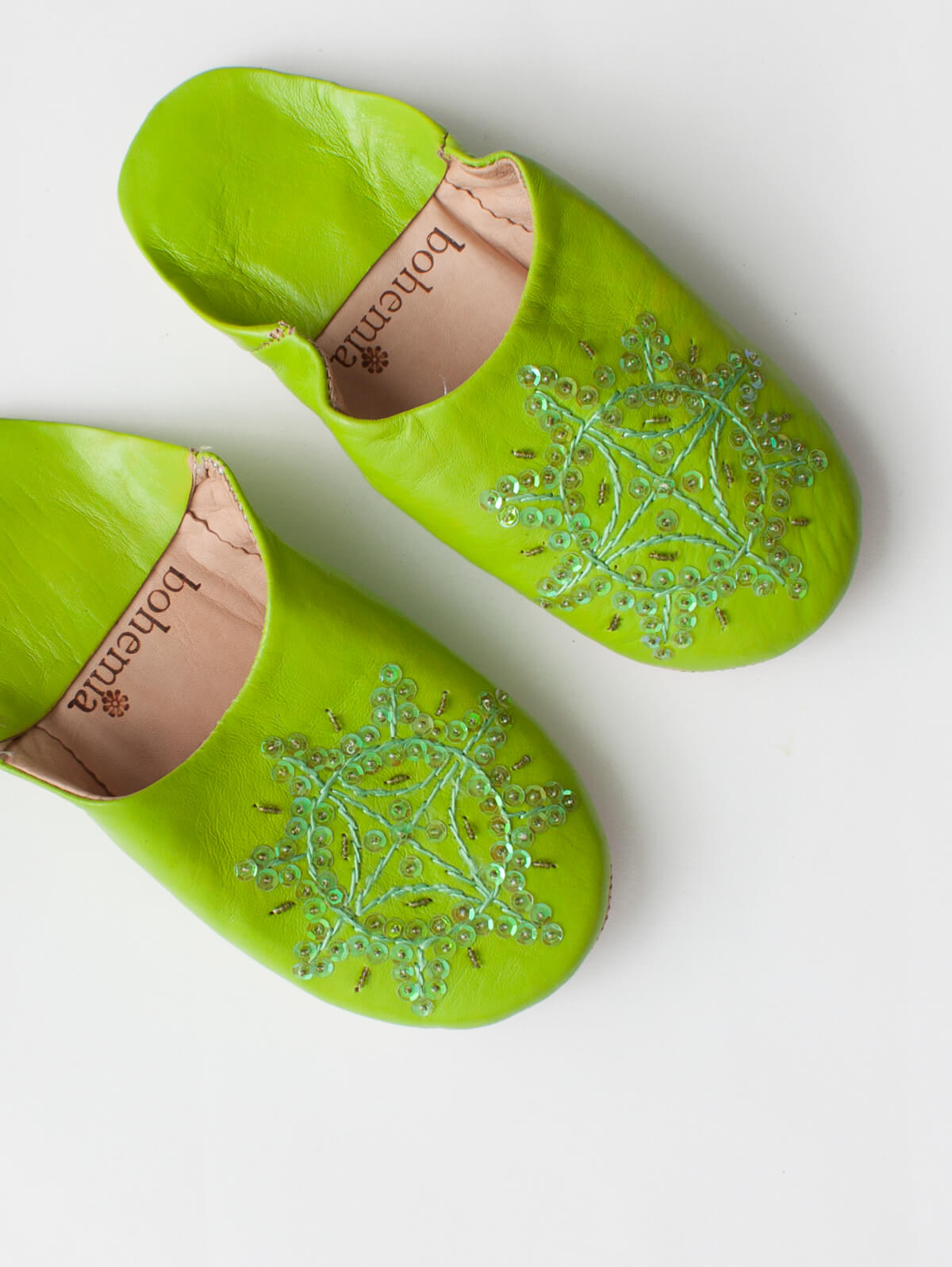 Sparkly Moroccan Babouche Slippers with Sequins - Comfortable Lime Green House Shoes for Women | Perfect for Lounging, Spa Days & Boho Home Decor
