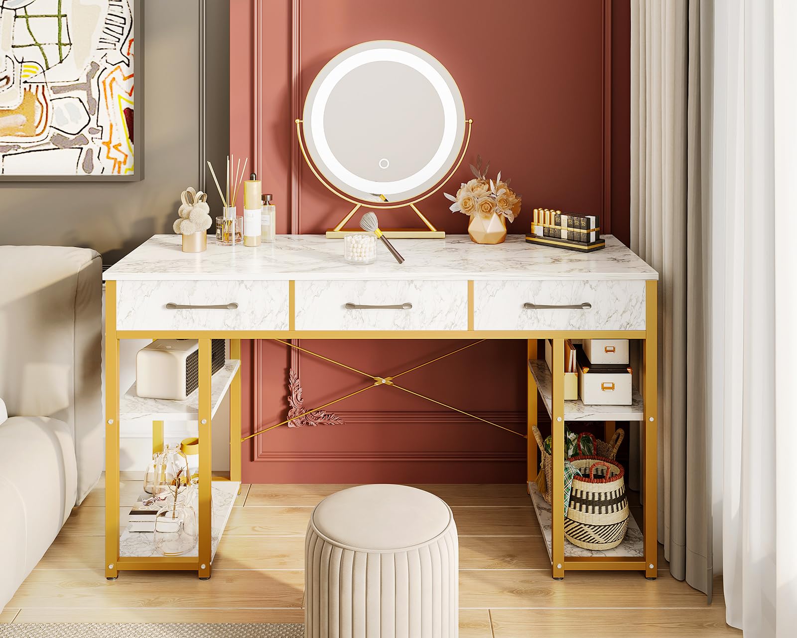 ODK White and Gold Vanity Desk with 3 Fabric Drawers & Storage Shelves, 48
