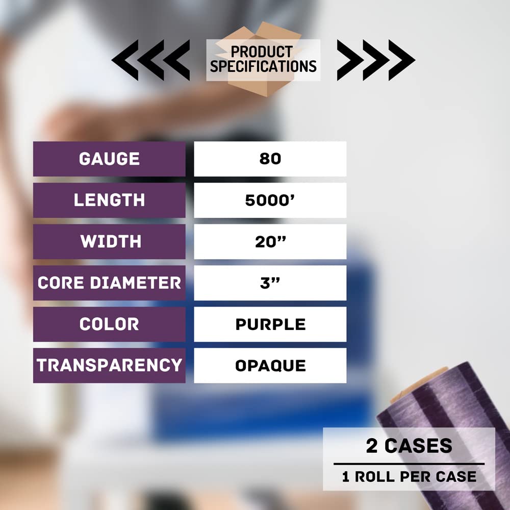 PSBM 2 Pack Purple Stretch Wrap Film - 20 Inch x 5000 Feet, 80 Gauge Heavy Duty Plastic Cling Wrap for Pallet Packaging, Shipping & Warehouse Use - Dark Color Industrial Stretch Film Rolls for Secure Load Protection