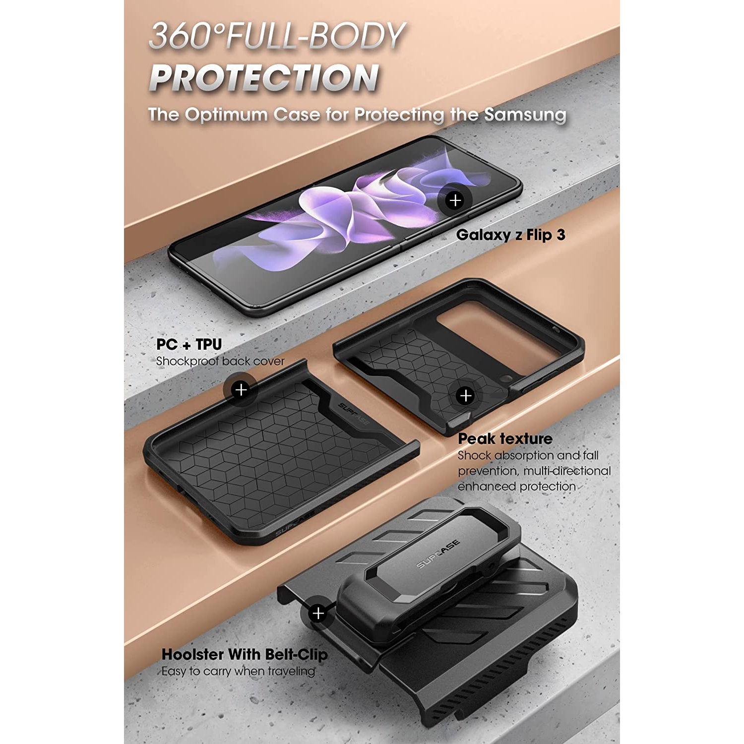 Samsung Galaxy Z Flip3 Unicorn Beetle PRO Heavy Duty Rugged Case with Belt Clip - Shockproof Protective Cover for Everyday Use, Outdoor Activities & Work Scenarios - Black