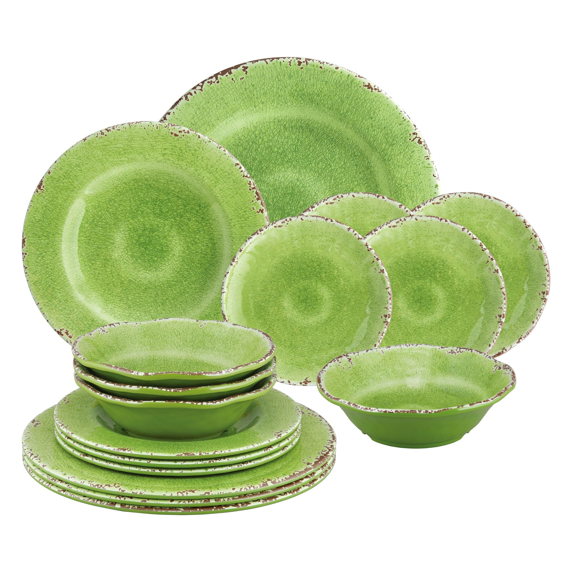UPware 16-Piece Crackle Melamine Dinnerware Set - Durable Outdoor Dishes for Picnics, Camping & Patio Dining - Includes Plates & Bowls for 4 People - Stylish Green Crackle Design - Shatterproof & Lightweight for Easy Outdoor Use