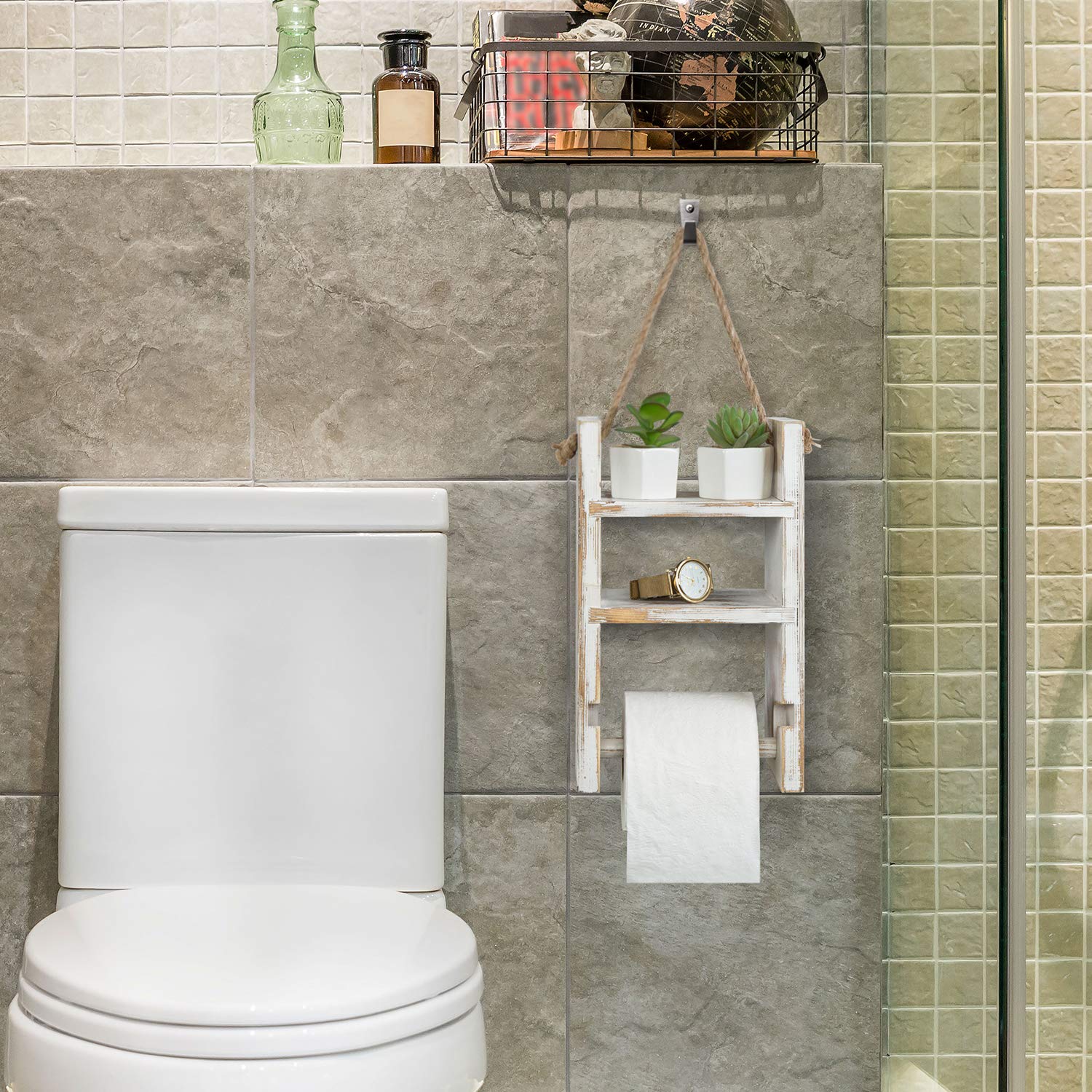 MyGift 2-Tier Hanging Whitewashed Wood Ladder Shelf - Rustic Rope Toilet Paper Holder - Bathroom & Farmhouse Decor for Storage & Organization - Perfect for Small Spaces, Vanity, and Towel Display