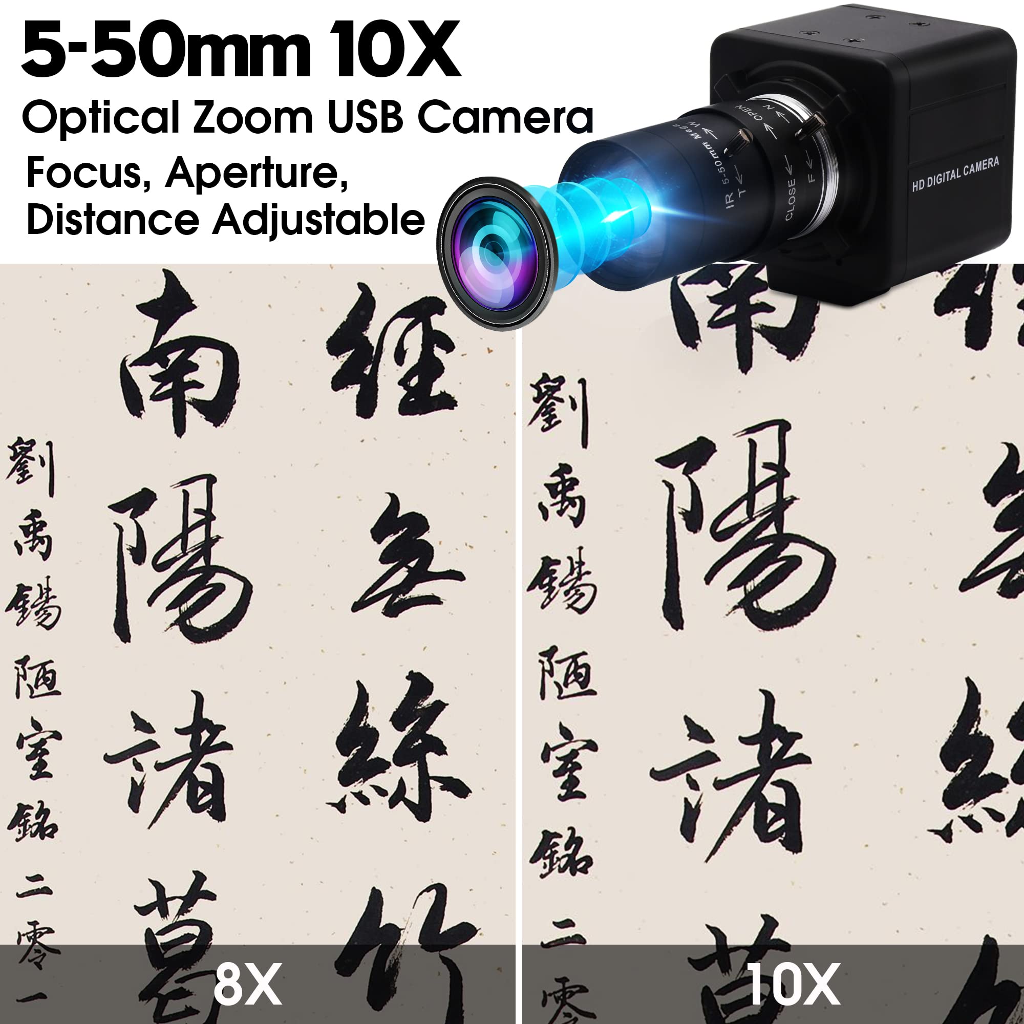 ELP 8MP USB Webcam with 10X Optical Zoom, 5-50mm Varifocal Lens & IMX179 CMOS Sensor - Plug & Play for Windows/Linux/Raspberry Pi - Perfect for Video Conferencing, Online Classes, Live Streaming & Close-up Photography