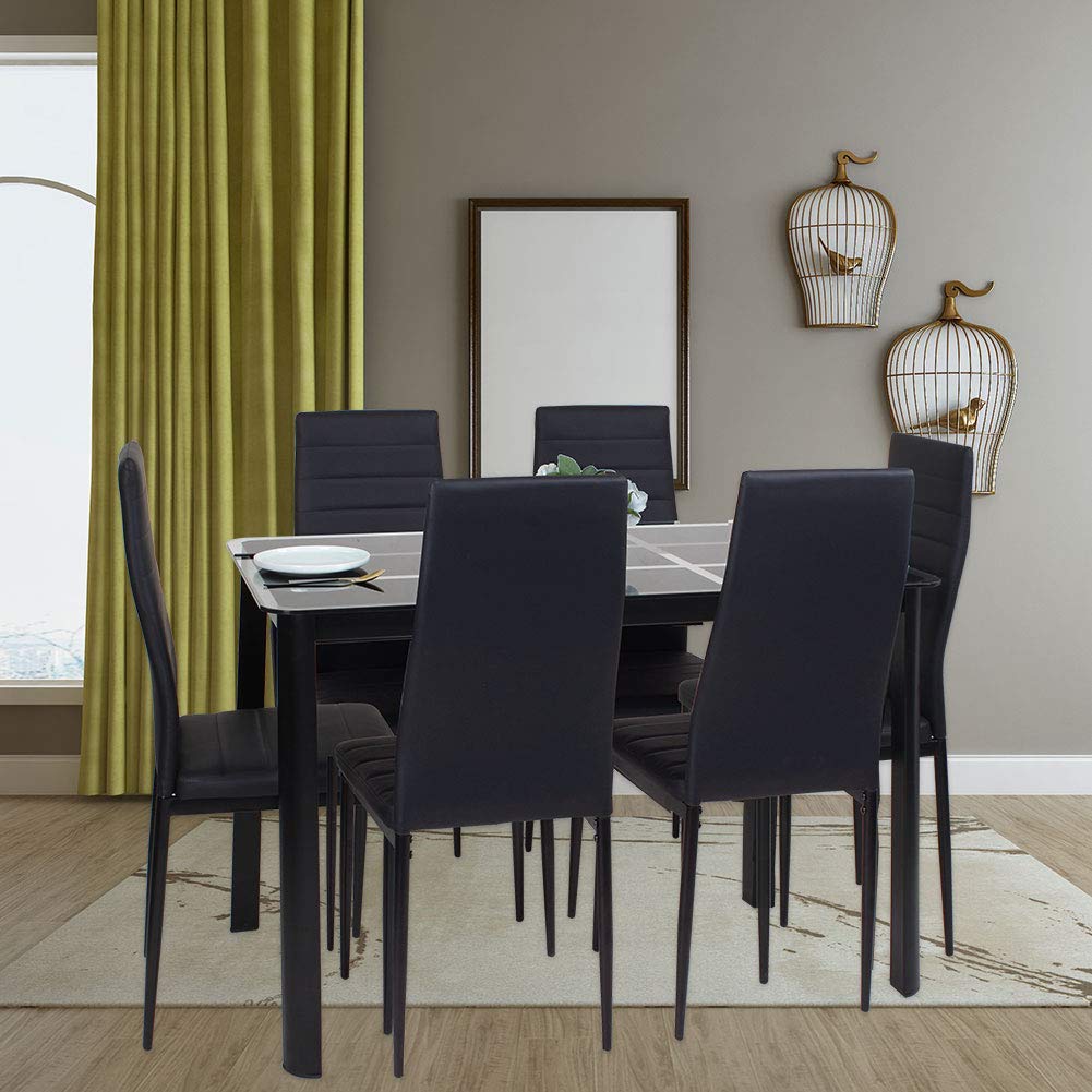 Modern 5-Piece Black Dining Table Set for 4 - Tempered Glass Kitchen Table with 4 Faux Leather Chairs - Space-Saving Dining Room Furniture for Small Apartments & Cozy Family Meals