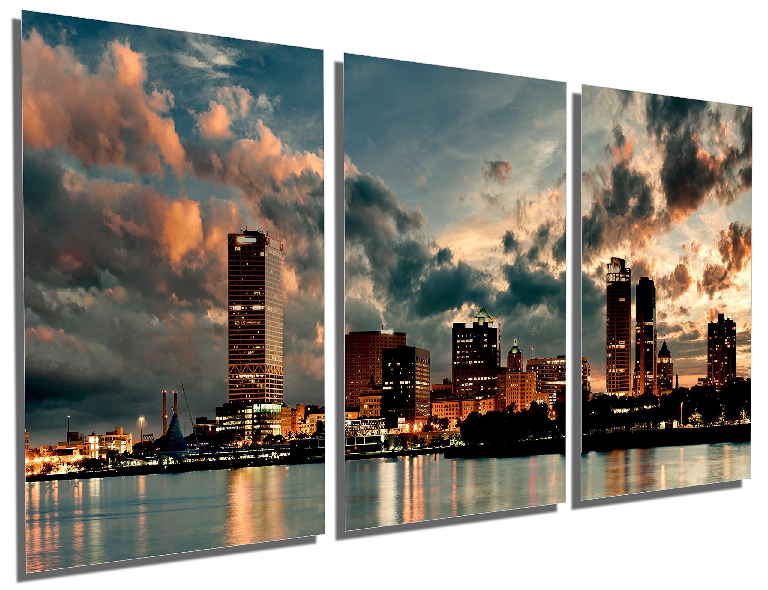 Milwaukee Skyline Wall Art - 48x24 Inch Metal Print Canvas with Dramatic 3 Panel Split | Wisconsin Cityscape Decor for Living Room, Office & Bedroom