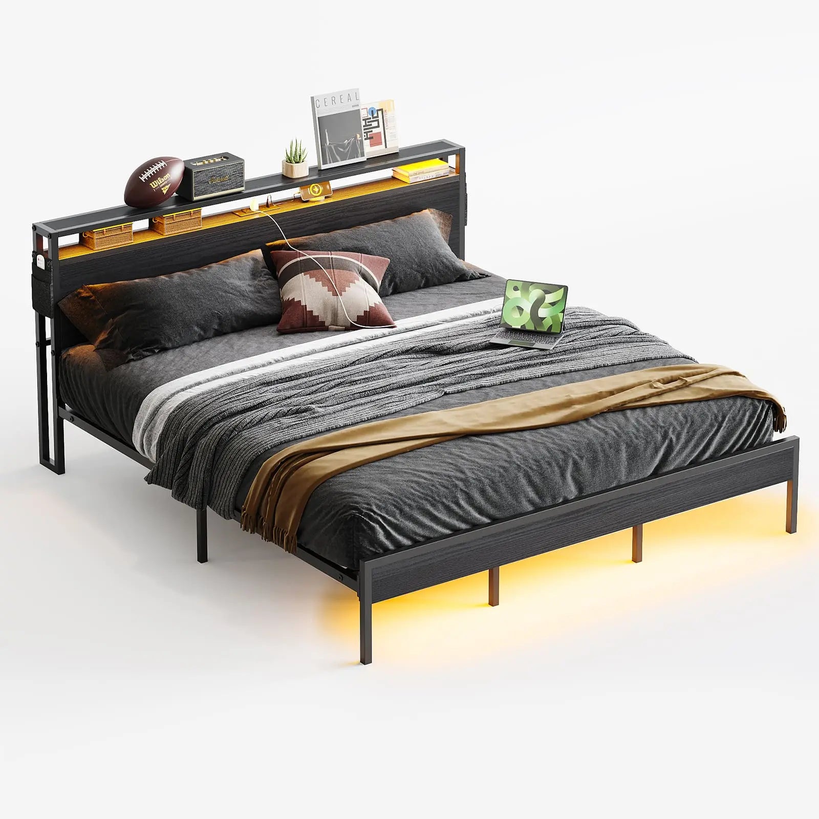 Bestier LED King Size Bed Frame with Headboard and USB Ports - Modern Platform Bed for Bedroom, Home Decor, and Relaxation