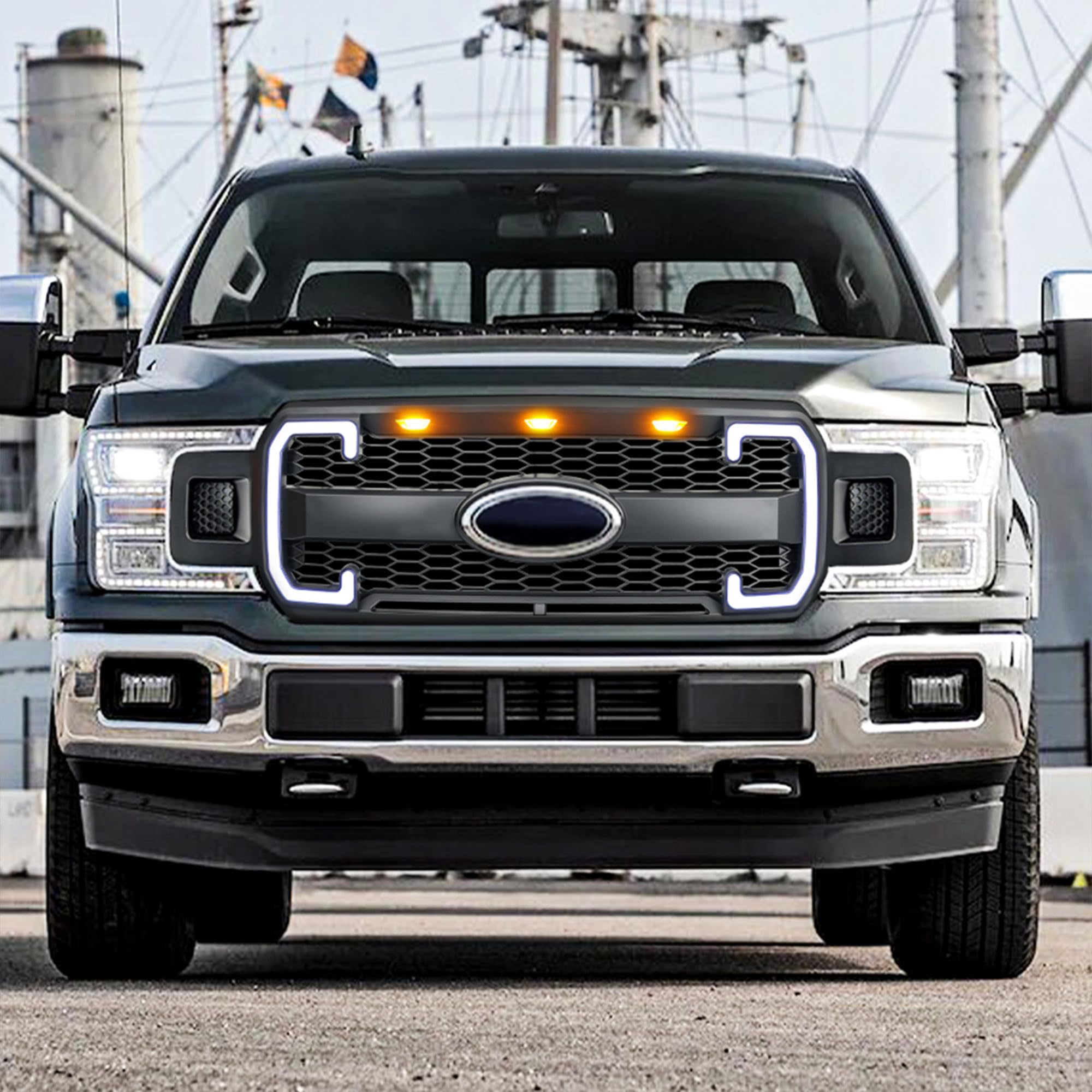 Raptor Style Mesh Front Grille with DRL & Turn Signals for Ford F150 (2018-2020) | Matte Black | Emblem Base | Off-Road & Street Style Upgrade