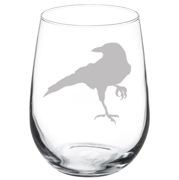 17 oz Stemless Wine Glass Goblet - Elegant Crow Raven Blackbird Design - Perfect for Halloween, Gothic Parties & Home Bar Decor