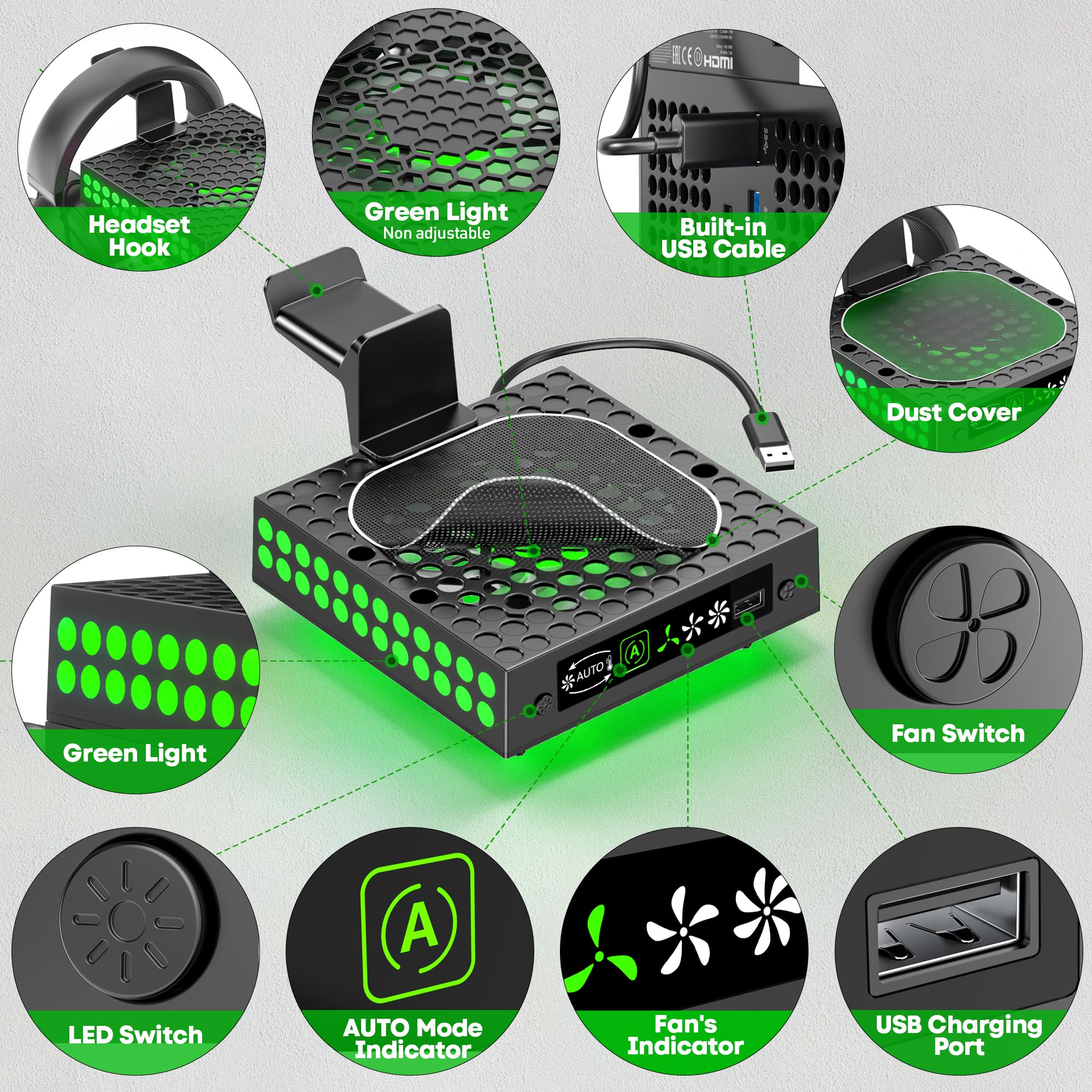 XBX Series X Cooling Fan with Auto Mode & LED Lights - Dust Proof Cooling System for Xbox Series X Console - Built-in Adjustable Fan & Headset Holder - Perfect for Gaming & Streaming Sessions