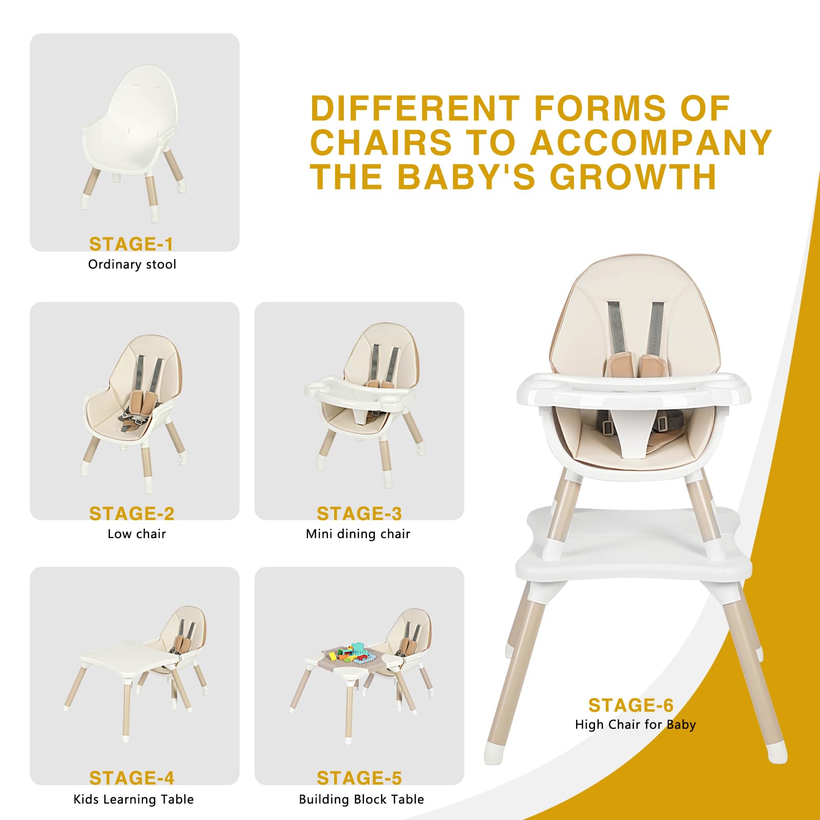 Gofirst 6-in-1 Convertible Baby High Chair with 5-Point Harness - Adjustable Toddler Booster Seat, Feeding Chair & Table Set - 4-Position Removable Tray & PU Cushion - Perfect for Dining, Weaning & Playtime at Home