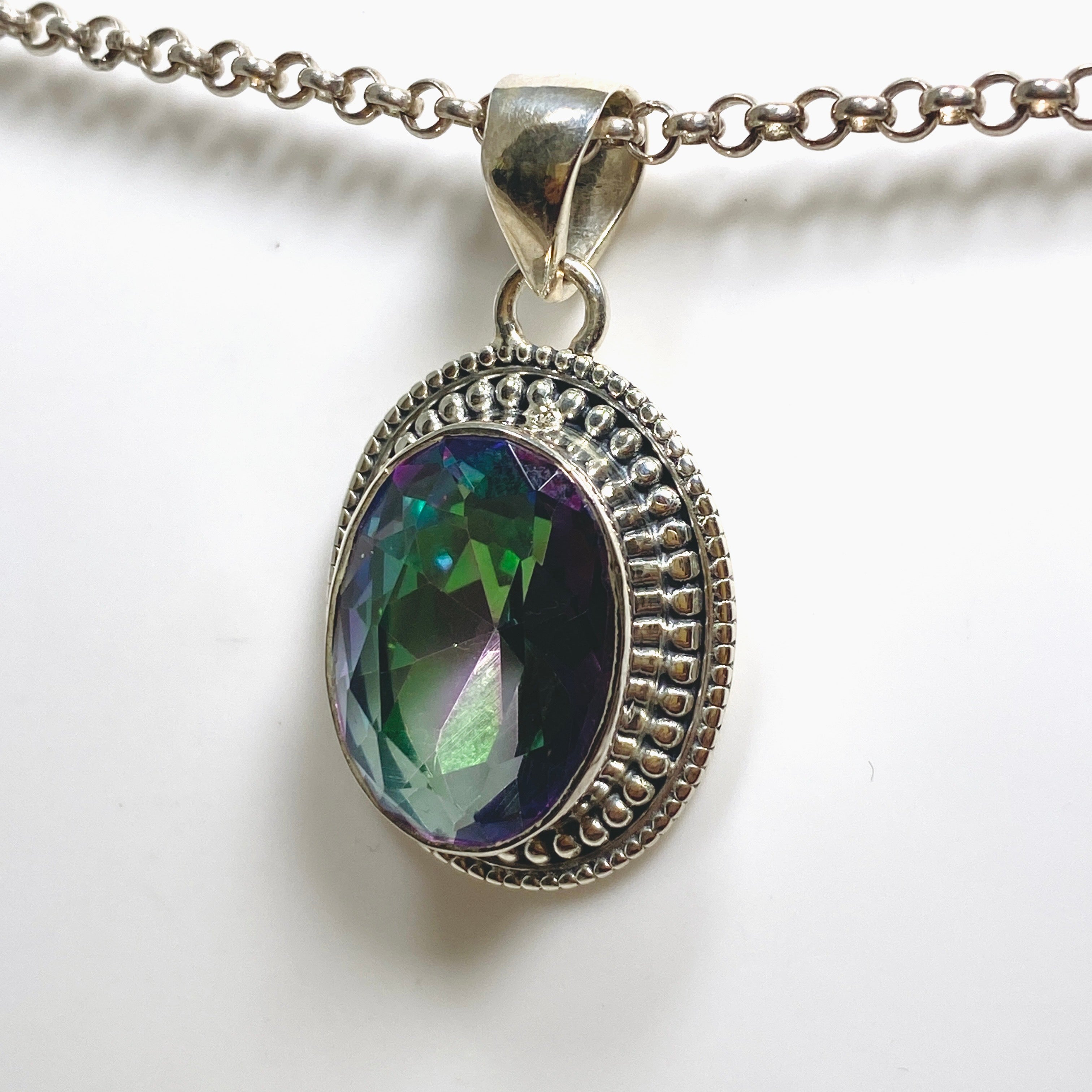 Natural Mystic Topaz Oval Faceted Boho Pendant Necklace - 925 Sterling Silver Jewelry - Perfect for Boho Chic Outfits & Special Occasions