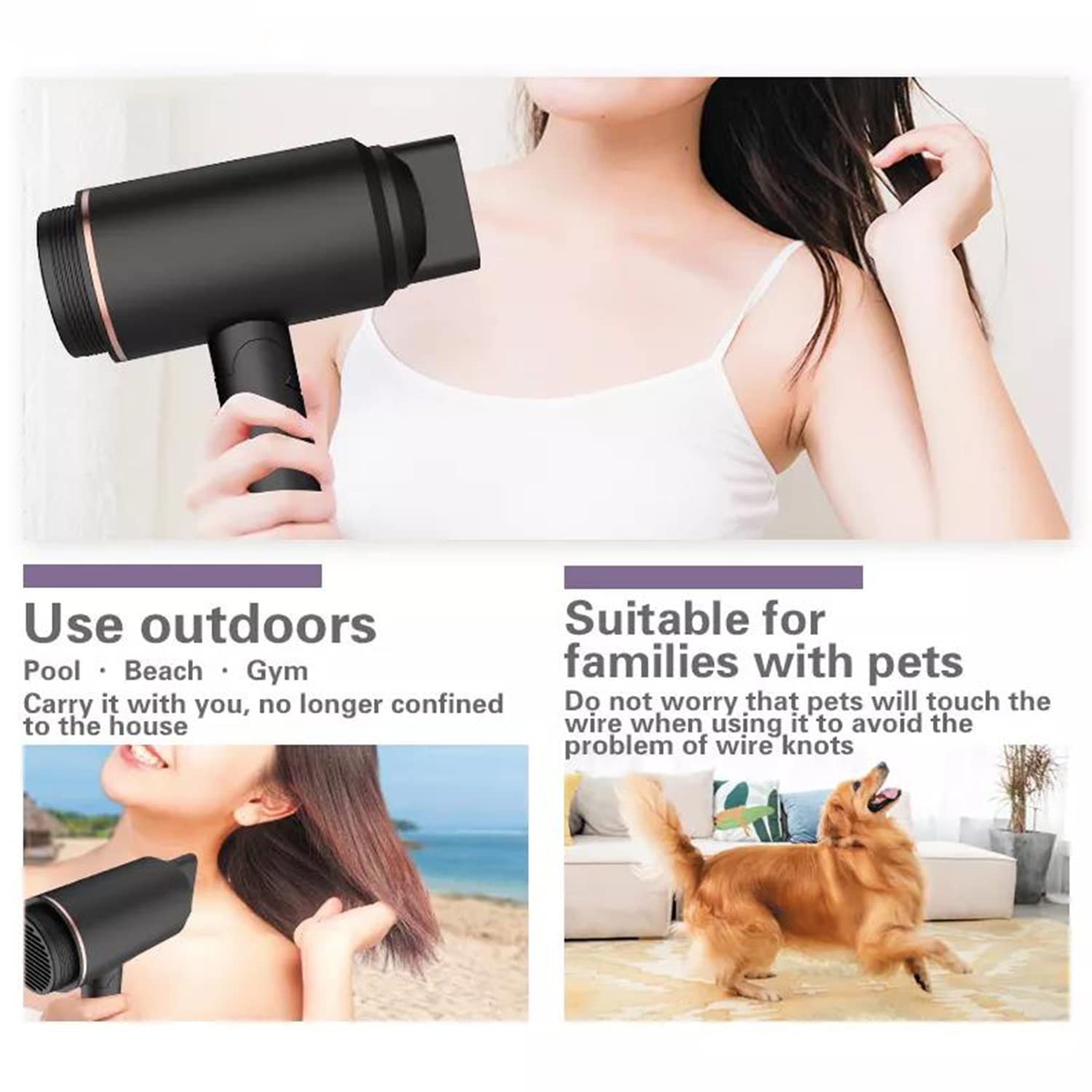 Rechargeable Cordless Hair Dryer - Foldable Travel Hair Dryer, Mini USB Hair Dryer with Hot/Cold Air for Women & Kids - Perfect for Camping, Beach & On-the-Go Styling