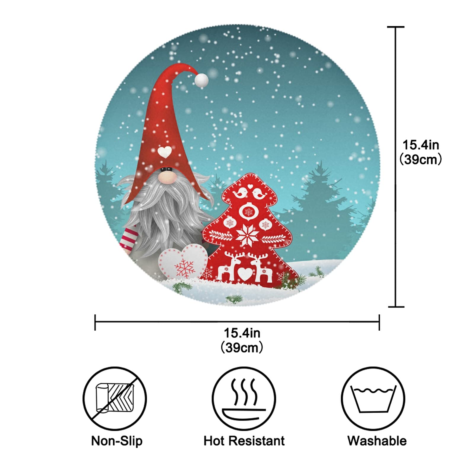 Christmas Gnome Snowy Round Placemats Set of 6 - Heat Insulated Non-Slip Washable Table Mats for Holiday Dining - Perfect for Christmas Dinner, Winter Parties & Festive Home Decor