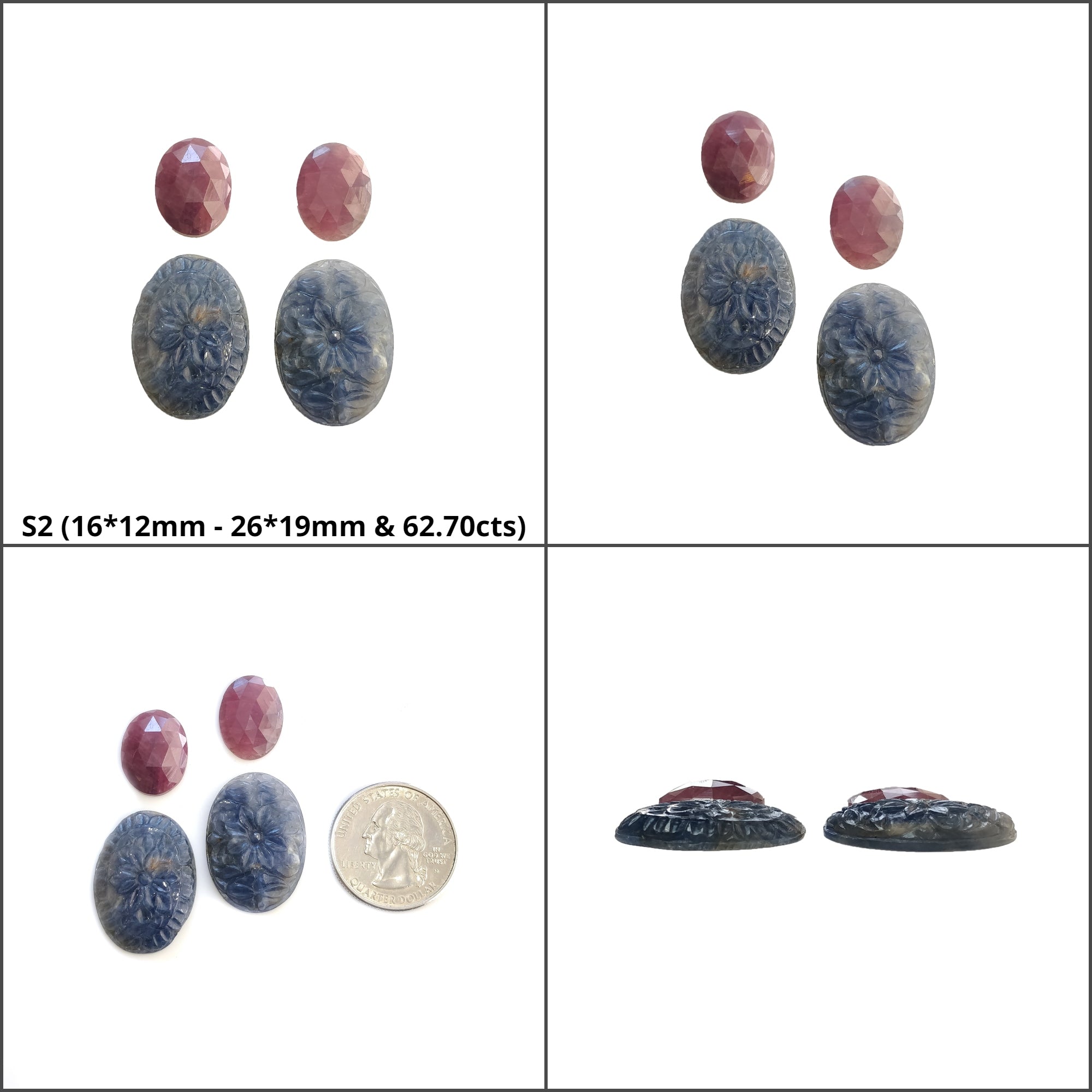 Natural Untreated Blue Pink Sapphire & Ruby Gemstone Carving Rose Cut - Oval Uneven Shape Sets for Jewelry Making, Engagement Rings & Unique Gifts
