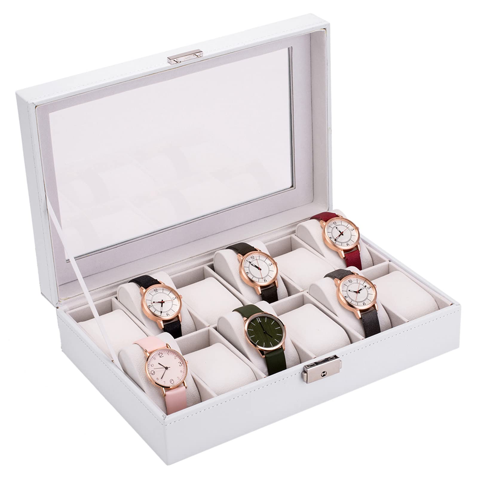 Tesmula GT2-LC Leather Watch Box - 12 Slot Watch Case for Men & Women with Glass Lid - Perfect for Watch Storage & Display