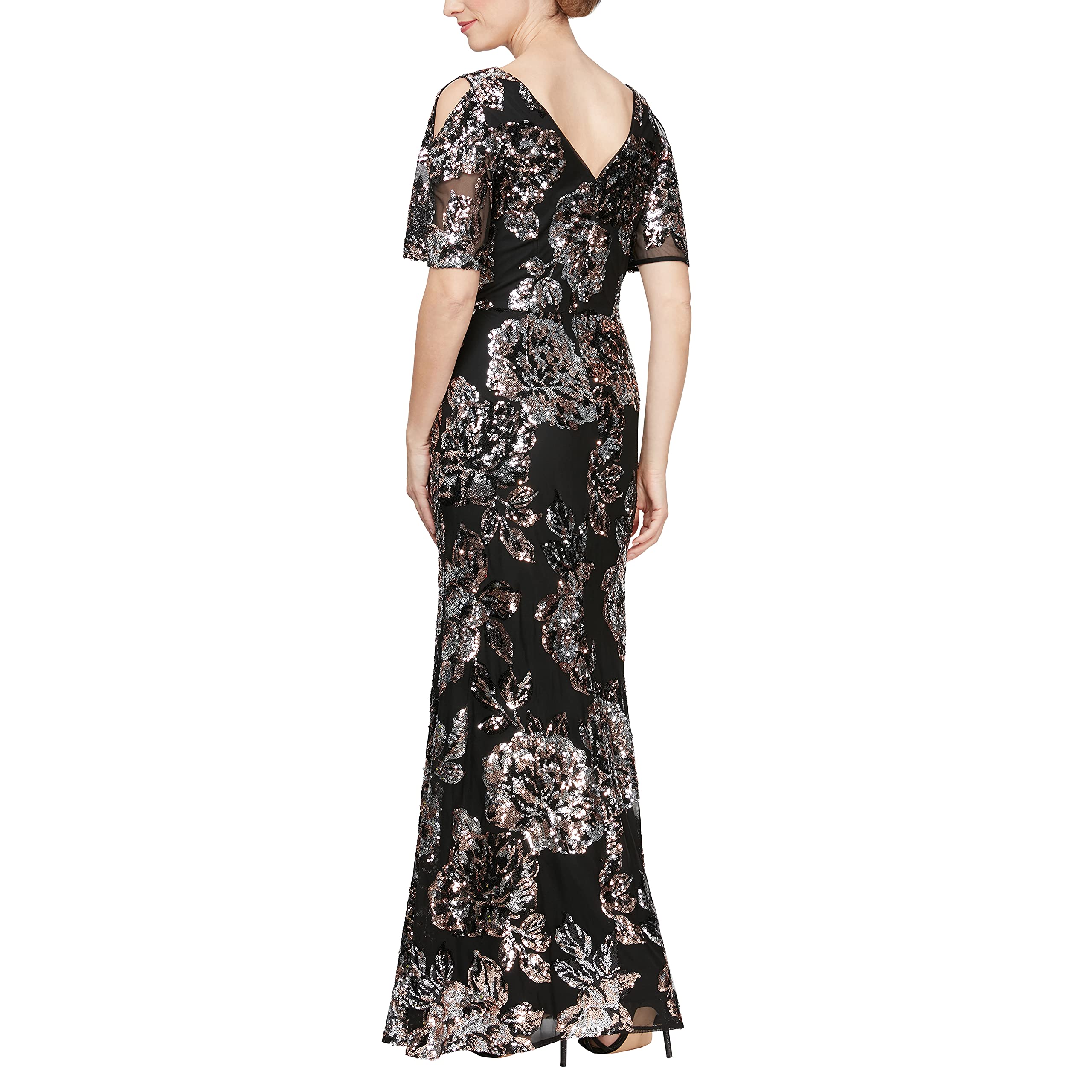Alex Evenings Women's Long Sequin Mother of The Bride Dress with Cold Shoulder Flutter Sleeves - Petite & Regular Sizes - Perfect for Weddings, Galas & Formal Events
