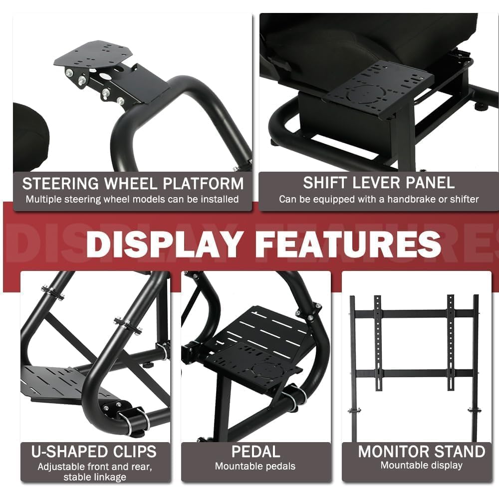 Premium Racing Simulator Cockpit with Ergonomic Seat & Adjustable Monitor Stand - Compatible with Logitech G27/G923/G920, Fanatec & Thrustmaster Wheels - 50mm Heavy-Duty Round Tube Frame (Steering Wheel/Pedals/TV Not Included) - Perfect for Home Gaming, Esports Training & Professional Simulation