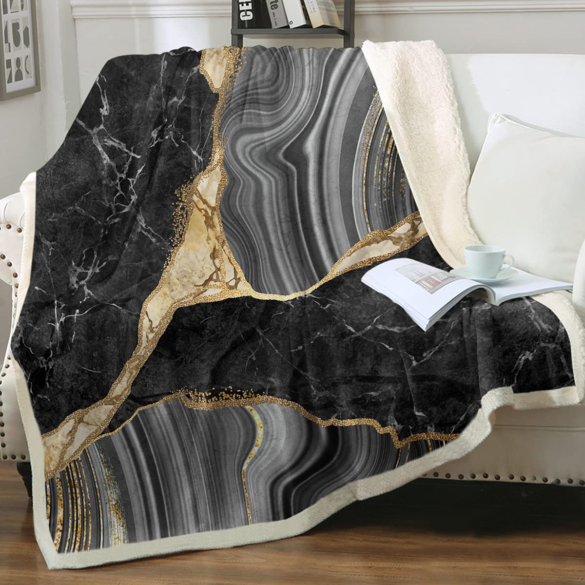 Sleepwish Marble Sherpa Blanket - Ultra Soft Fleece Throw Blanket for Bed, Couch & Sofa - Black, Gold & Grey - Extra Warm Fuzzy Blanket (King Size 108