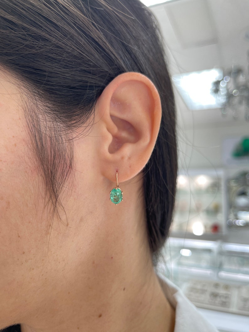 3.0tcw 14K Rose Gold Oval Cut Medium Green Colombian Emerald 6 Prong Lever Back Earrings for Women - Elegant Wedding, Anniversary & Evening Party Jewelry Gift