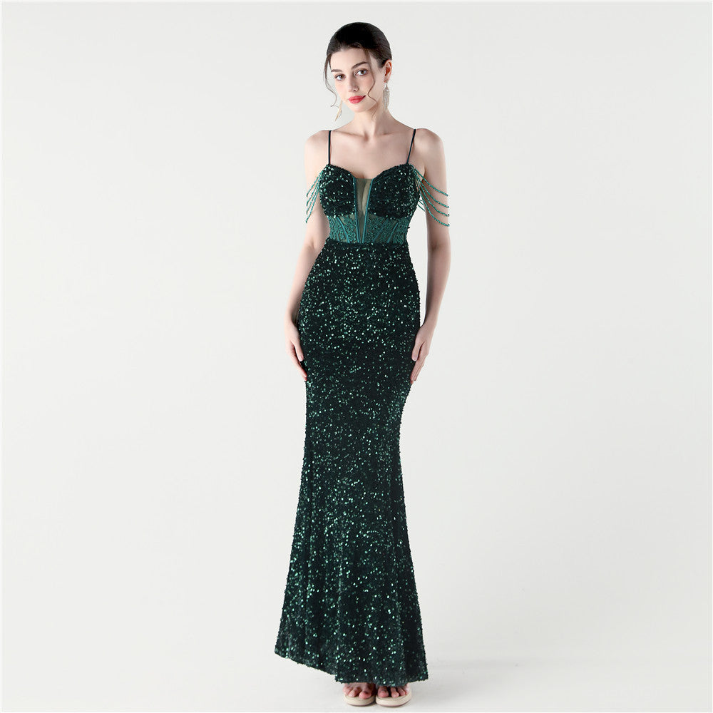 2025 New Fishbone Waist Binding Fleece Evening Dress with Beaded Diamond Decals - Elegant Dinner Party & Formal Event Gown